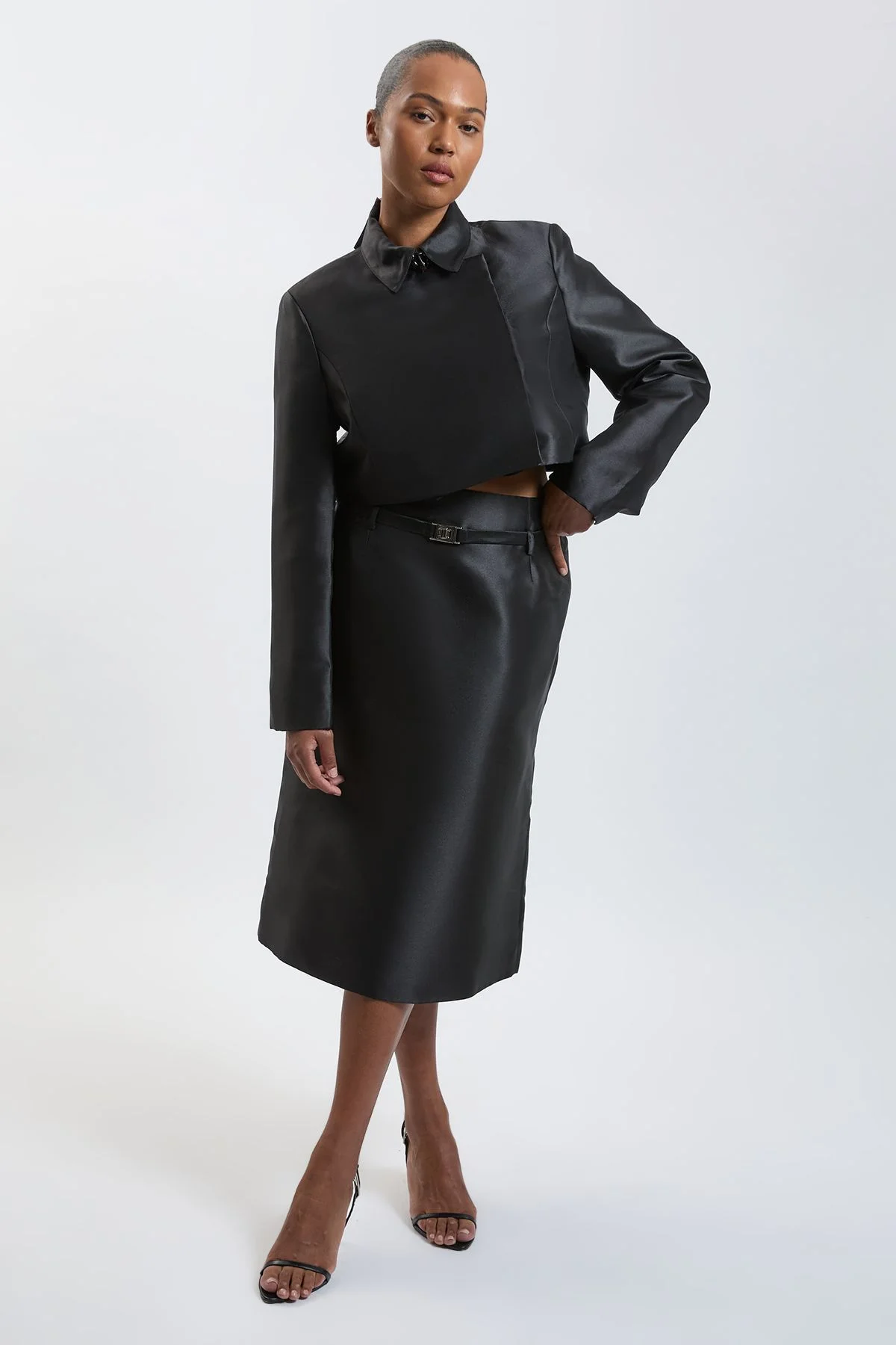 Plus Size Forever Satin Twill Belted Tailored Midi Skirt - 1