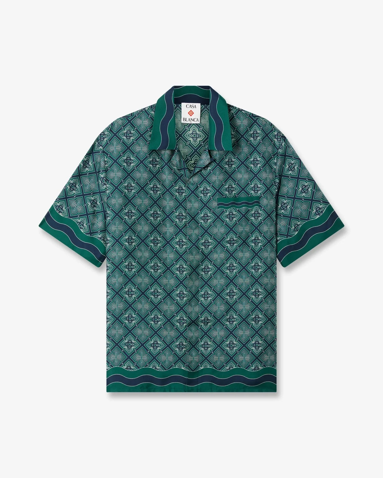 Dark Green Radiating Monogram Short Sleeve Silk Shirt | Casablanca Paris - 1