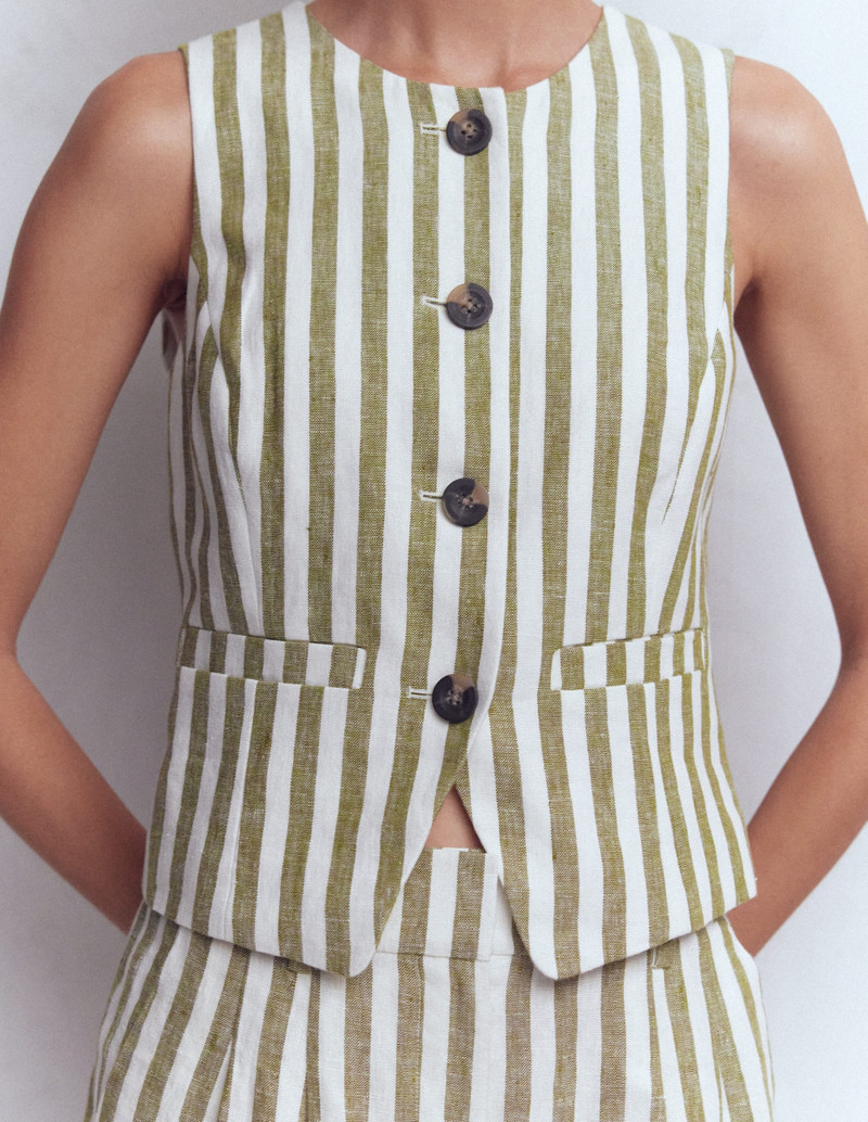 Linen Scoop Neck Waistcoat-Olive, Ivory Stripe 4