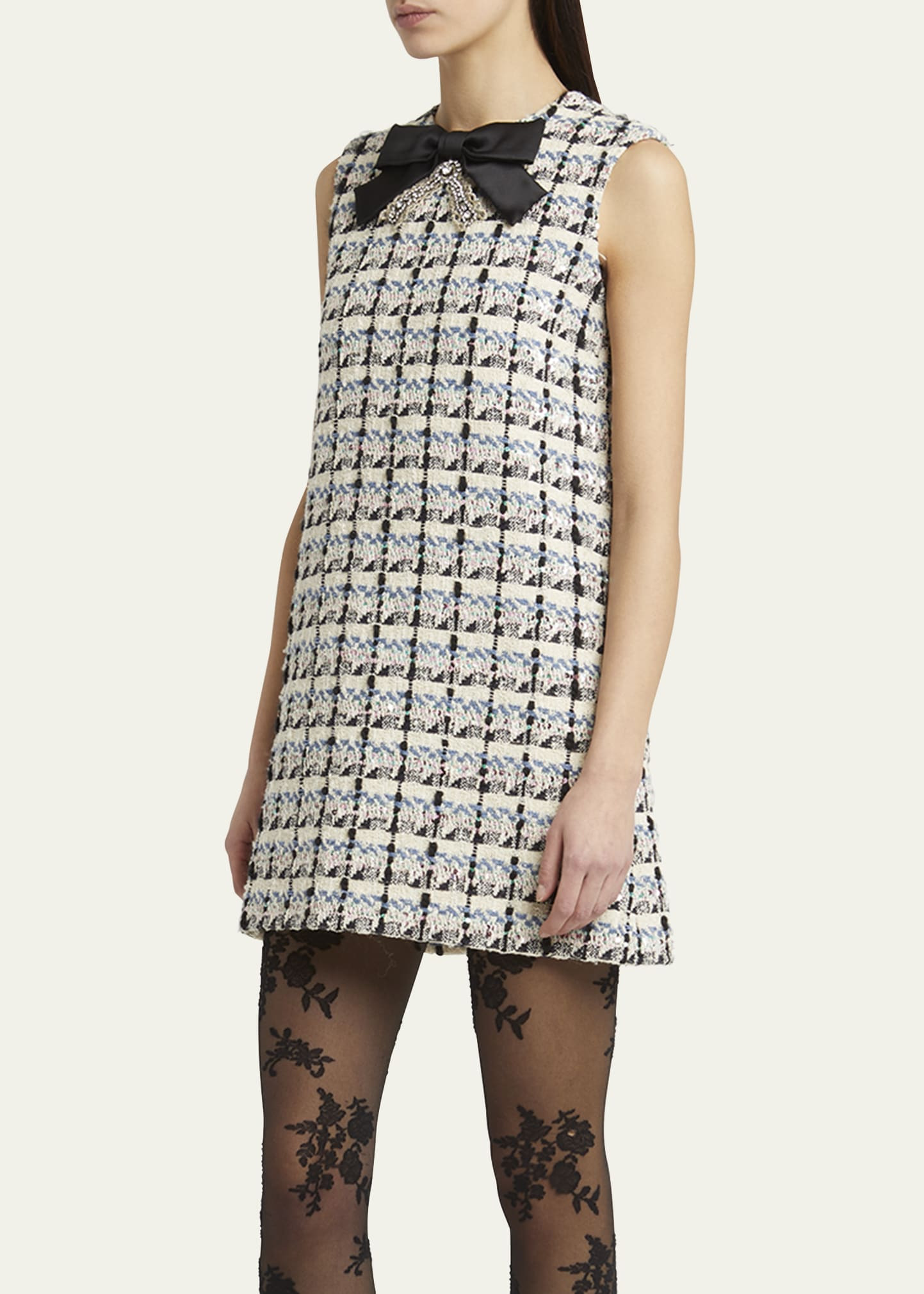 Bow-Embellished Sequin Tweed Mini Dress - 4