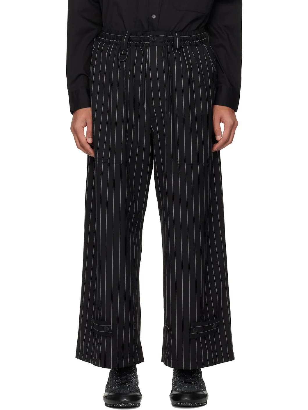 Black Pinstripe Refined Wool Wide Leg Trousers - 1