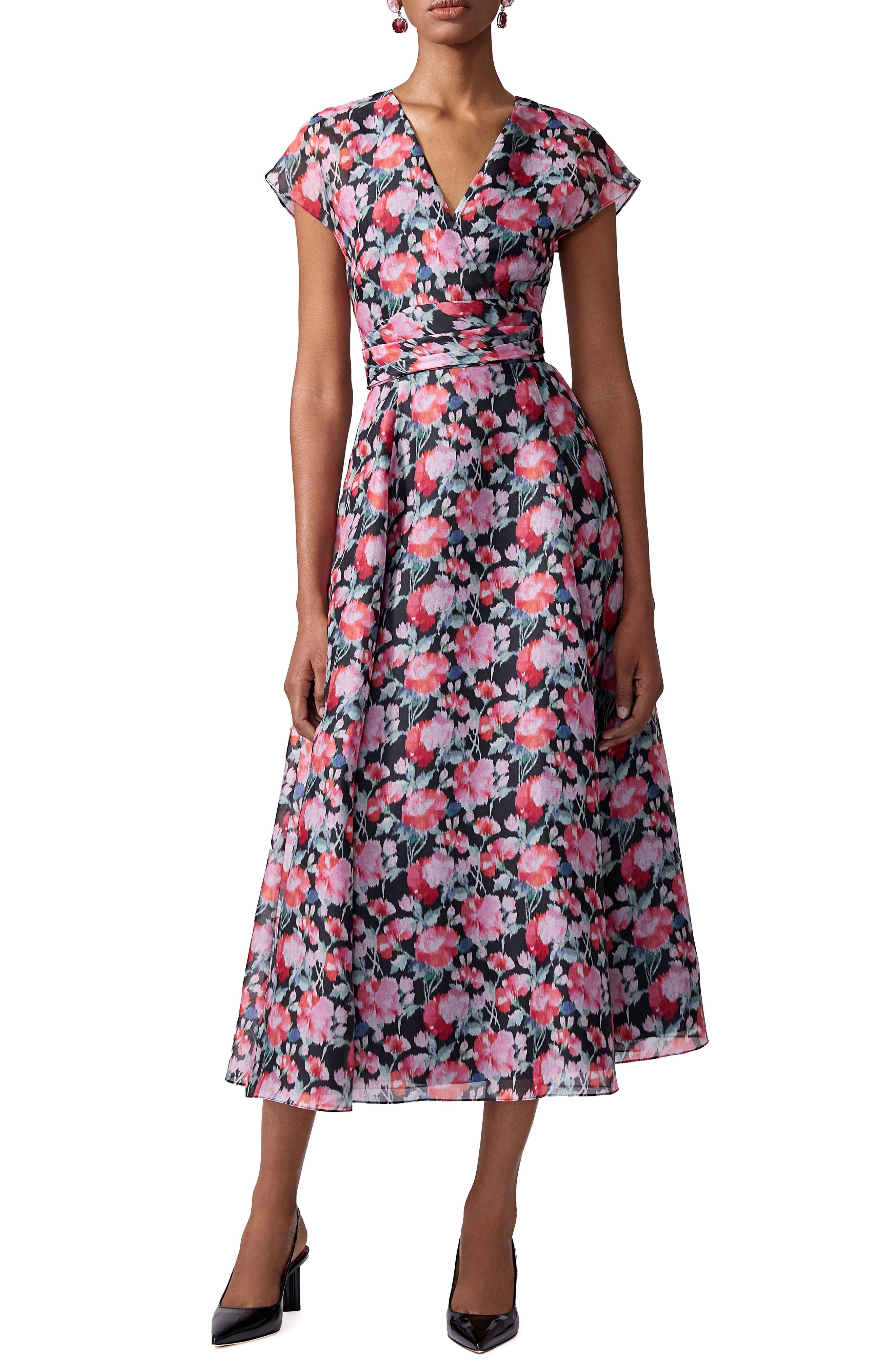 Carolina Herrera Peony Print Cap Sleeve Silk Organza Midi Dress in Pink Multi at Nordstrom - 5