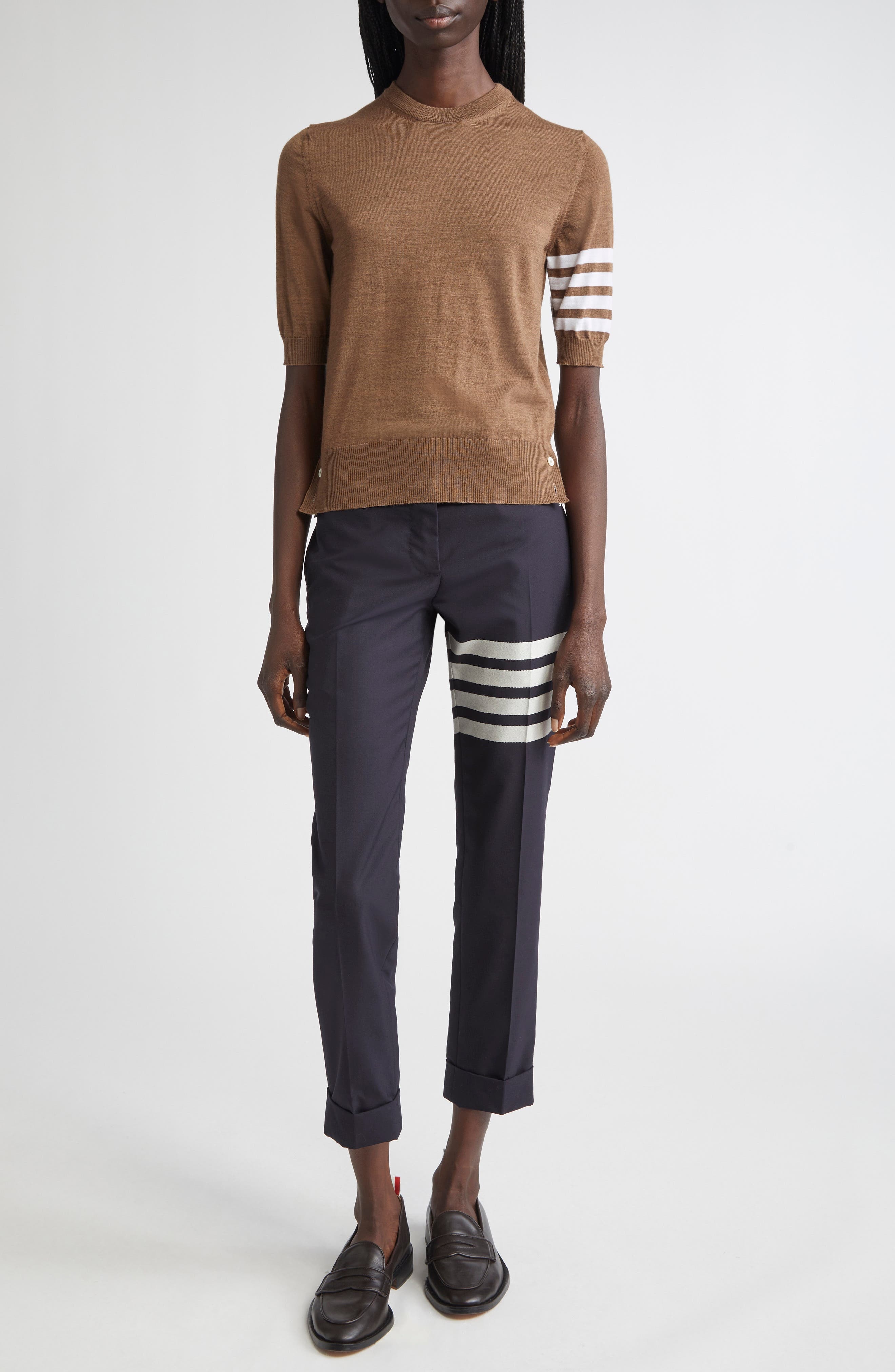 Thom Browne 4-Bar Short Sleeve Wool Blend Sweater in Walnut at Nordstrom - 2