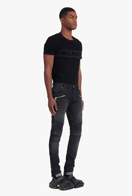 Slim cut faded and ridged black cotton jeans with Balmain monogram on hem - 7