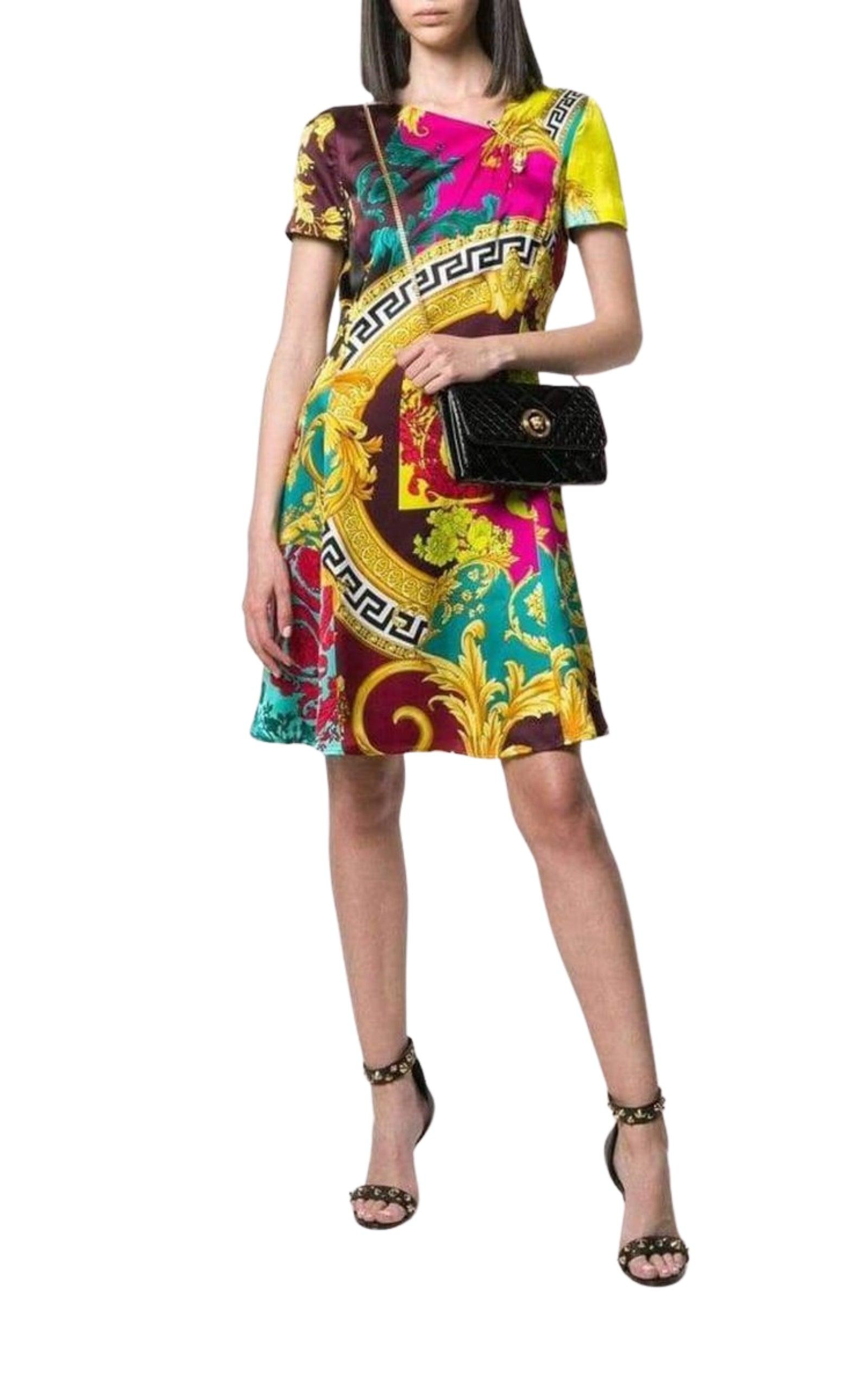 Short-Sleeve Multicolored Silk Dress - 2