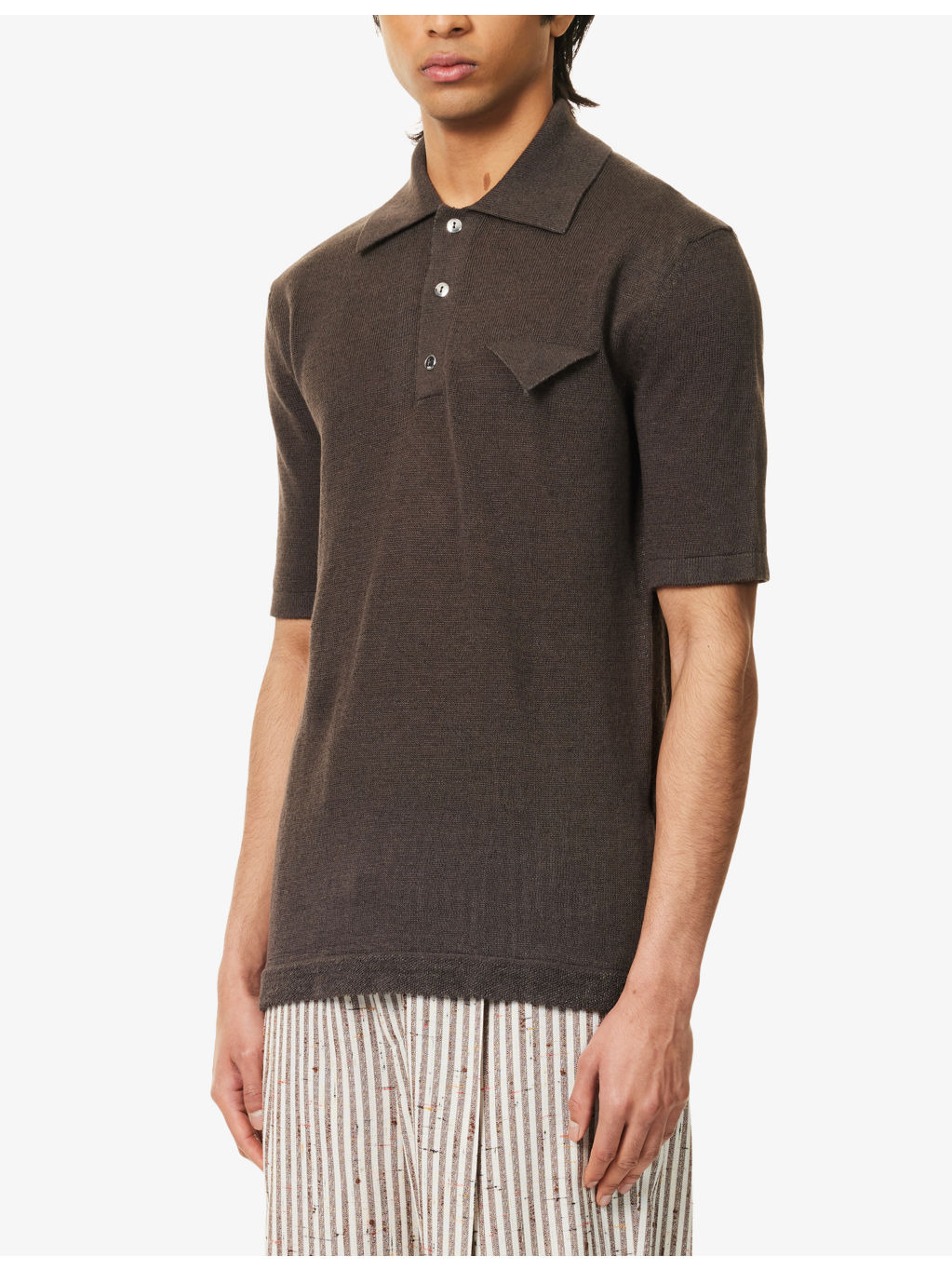 Knitted Short-Sleeves Linen and Cotton Polo Shirt - 3
