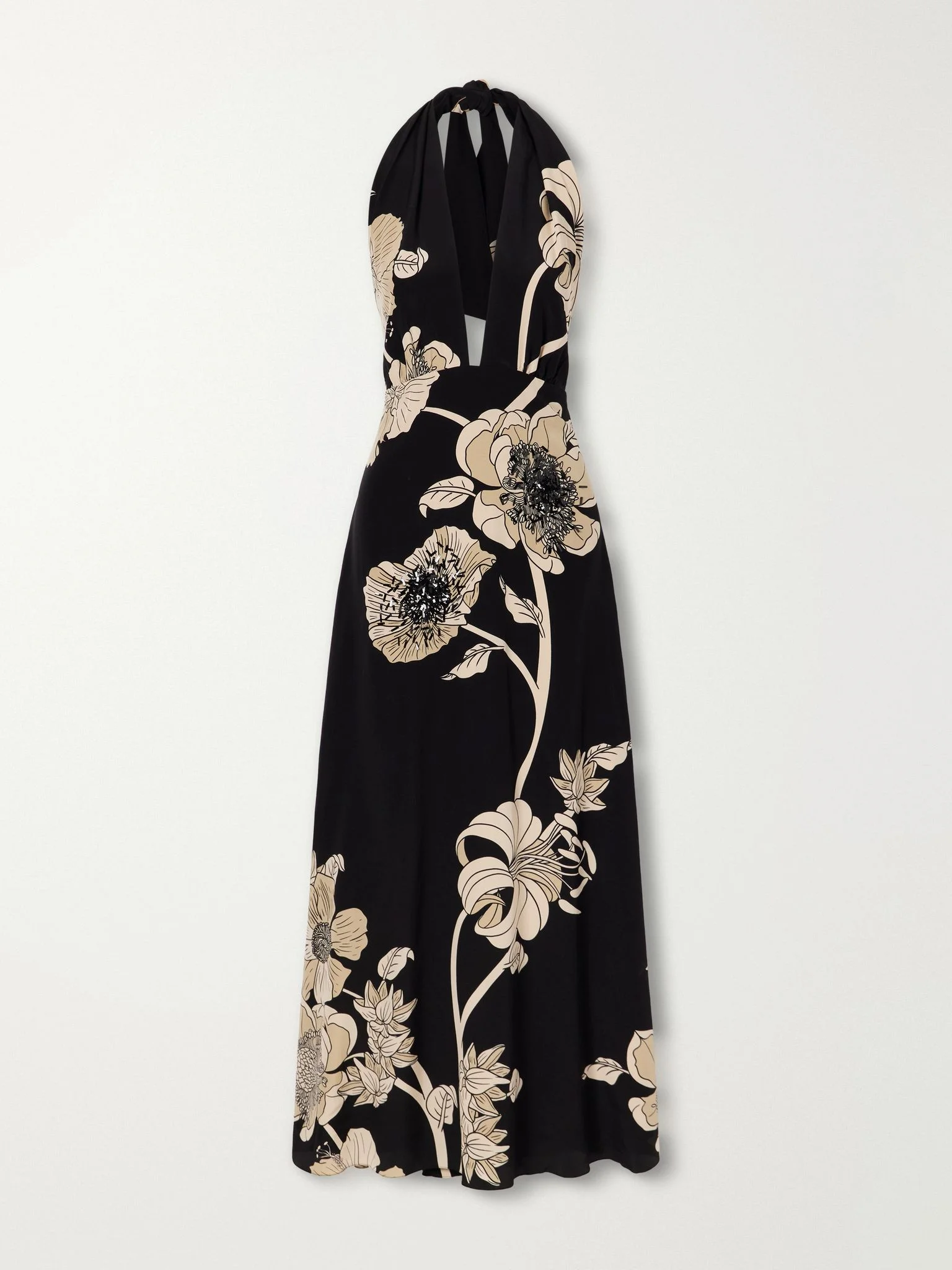 Embellished floral-print silk-charmeuse halterneck maxi dress Black - 1