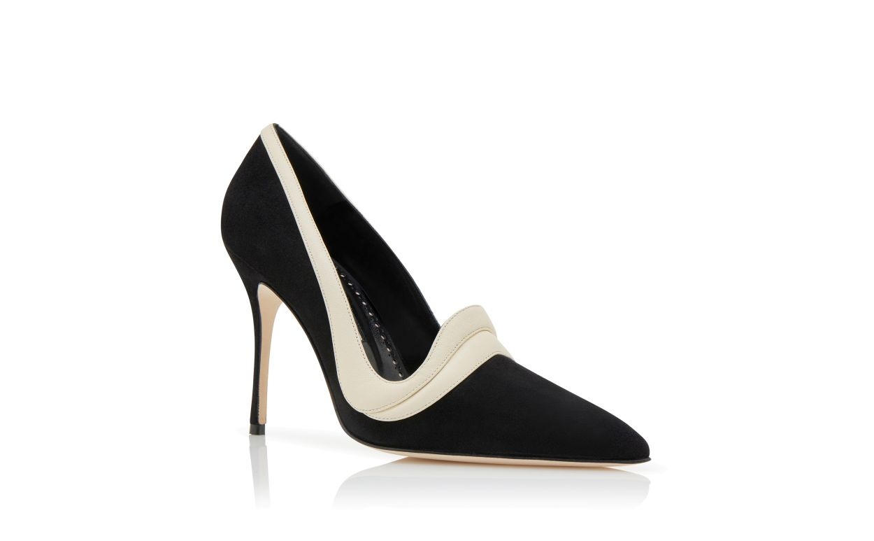 Black and Cream Suede Pointed Toe Pumps - 3