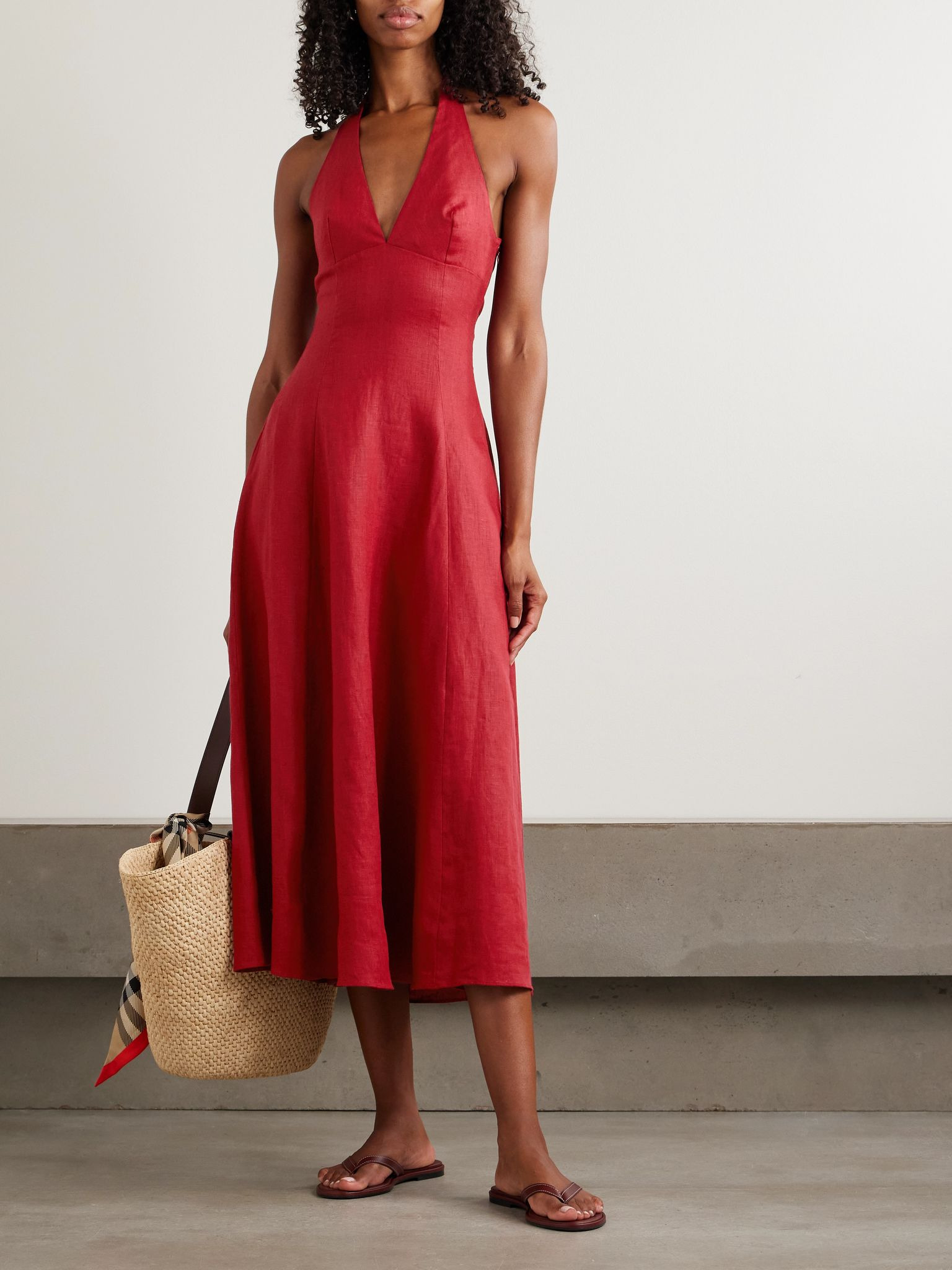 Marais linen halterneck midi dress Red - 2