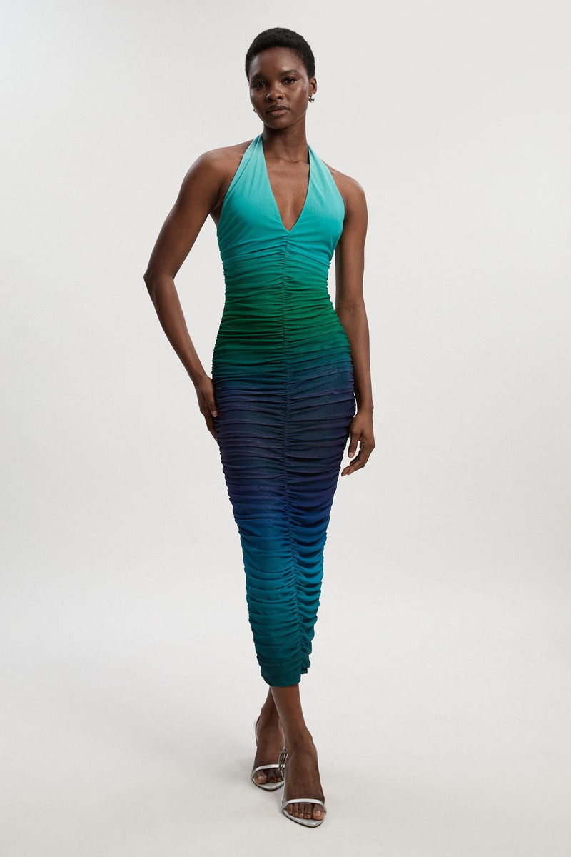 Ombre Mesh Plunge Halter Neck Midi Dress 1