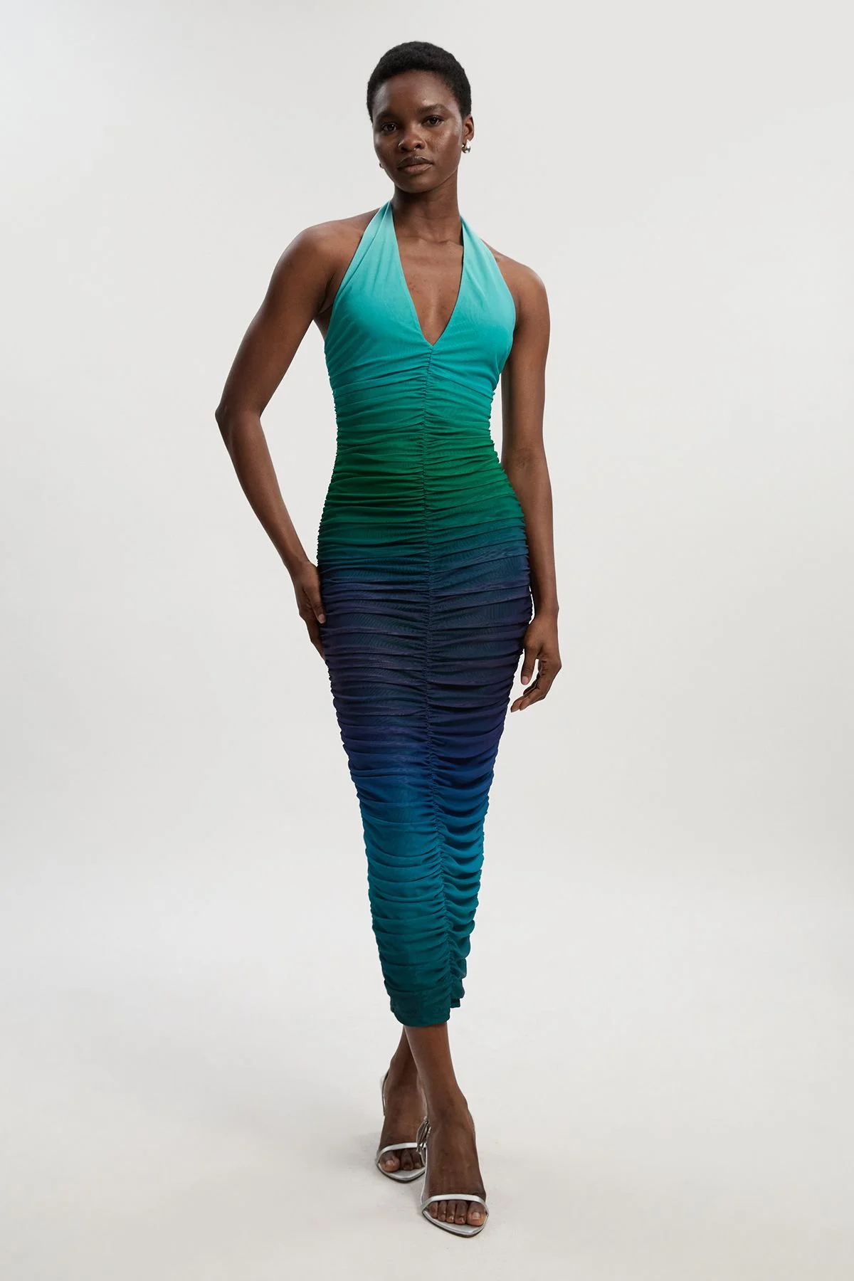 Ombre Mesh Plunge Halter Neck Midi Dress - 1