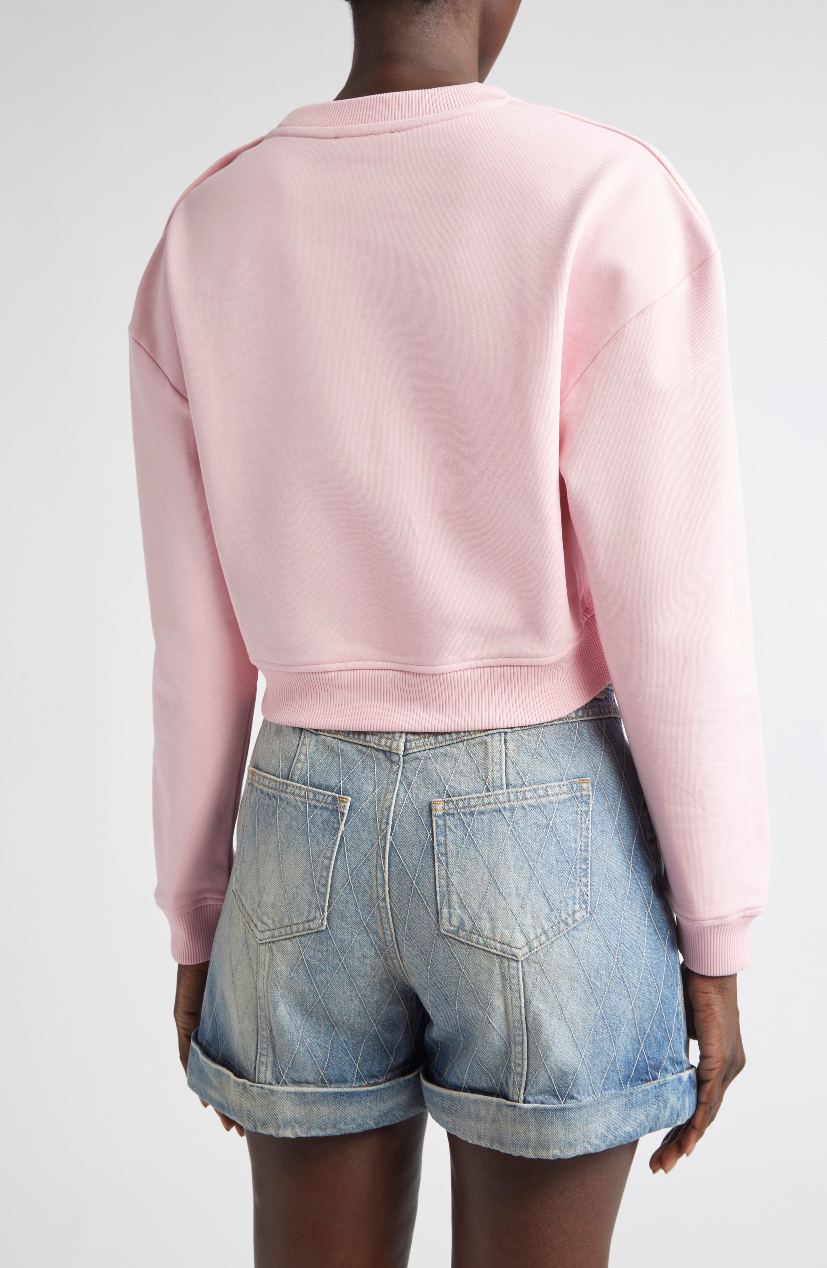 Balmain Crop Logo Graphic Sweatshirt in Pink Mini Check at Nordstrom - 2