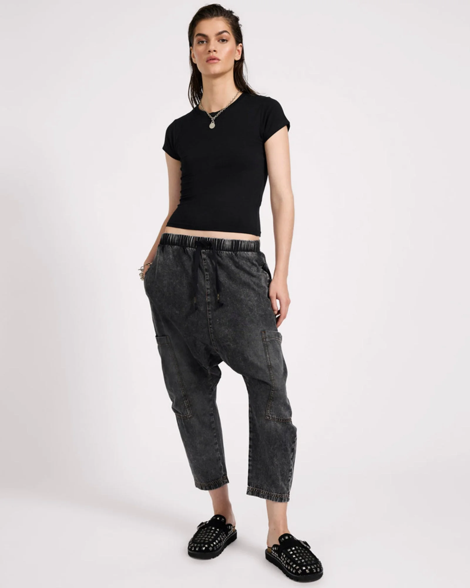 Isla Low Waist Drawstring Harem Denim Jeans - Charcoal Black - 1