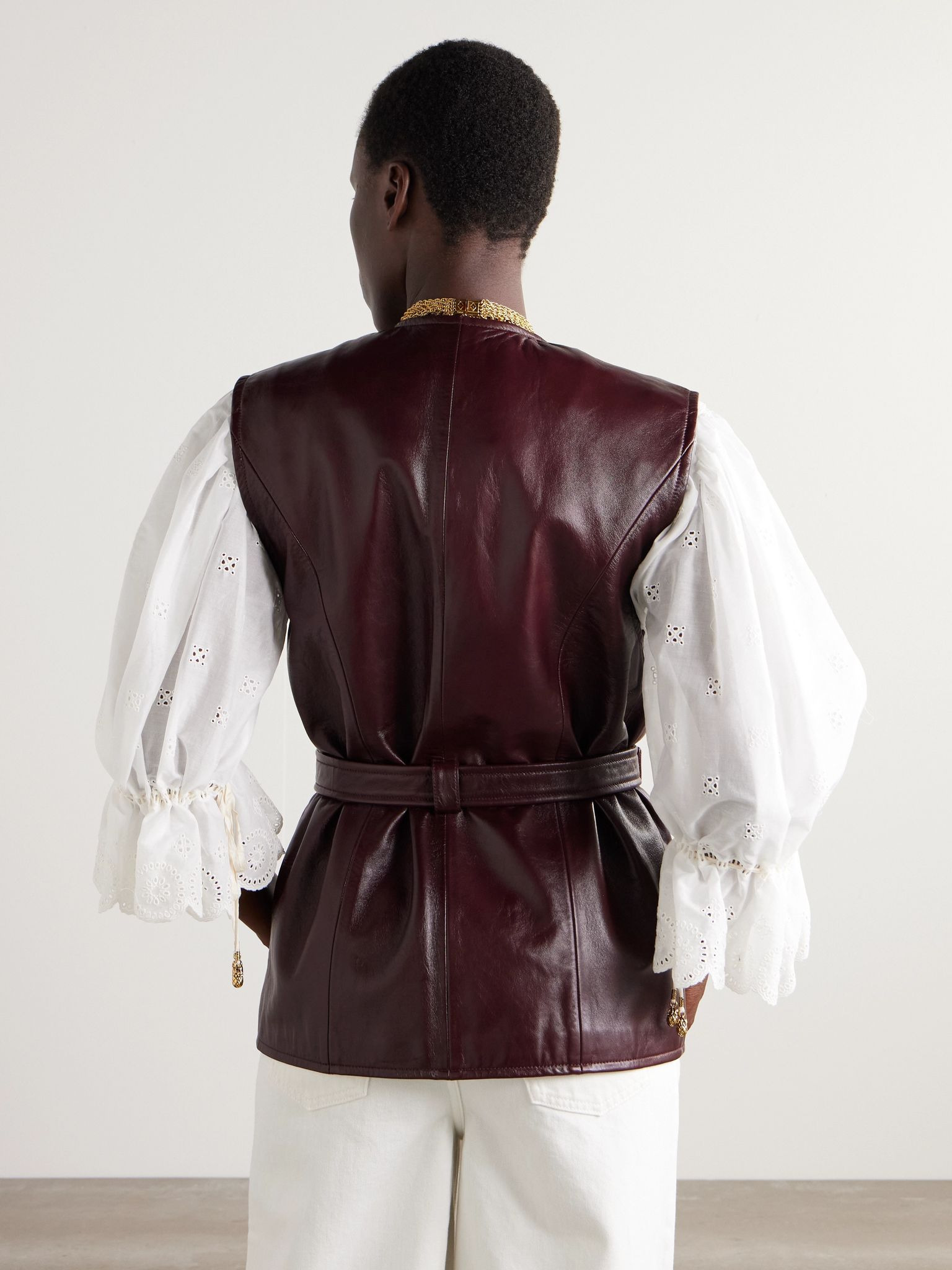 Belted leather vest Burgundy - 4