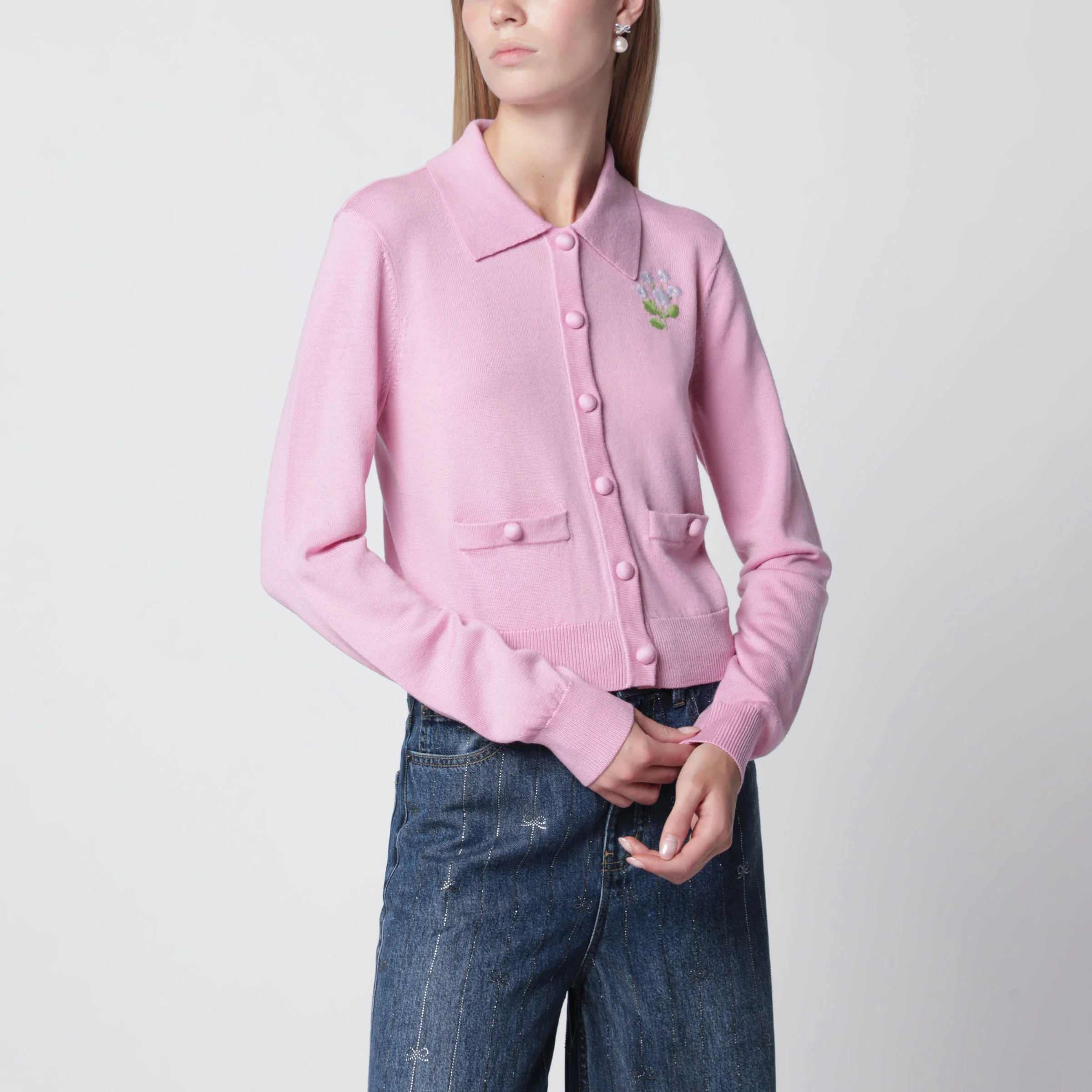 Self Portrait Wool Knit Cardigan With Floral Embroidery In Pink Women - 1