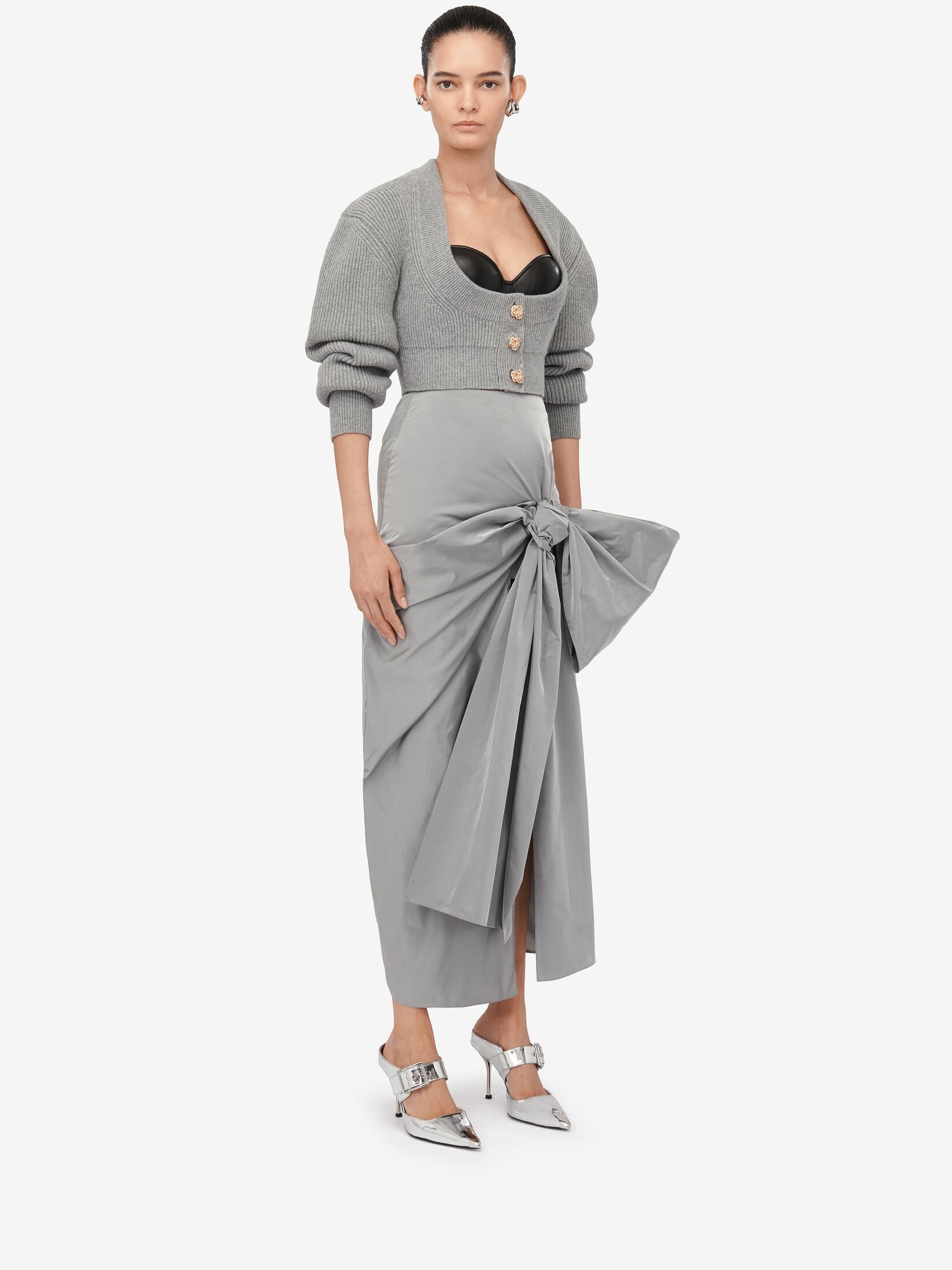Women's Bow Detail Slim Skirt in Silver - 3