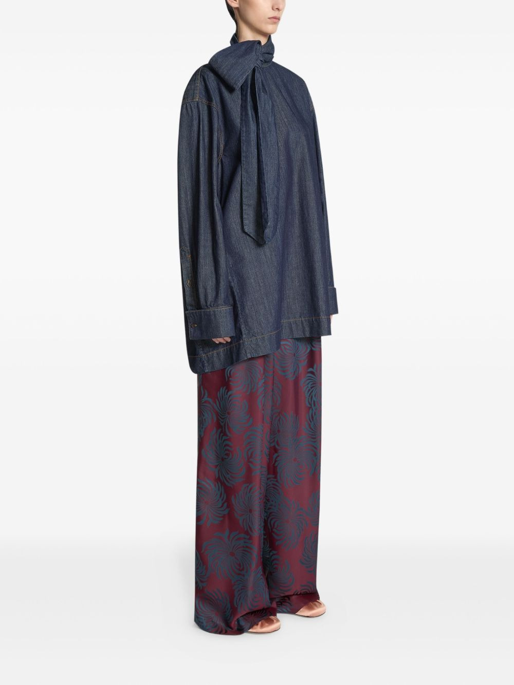 tie-neck denim blouse - 3