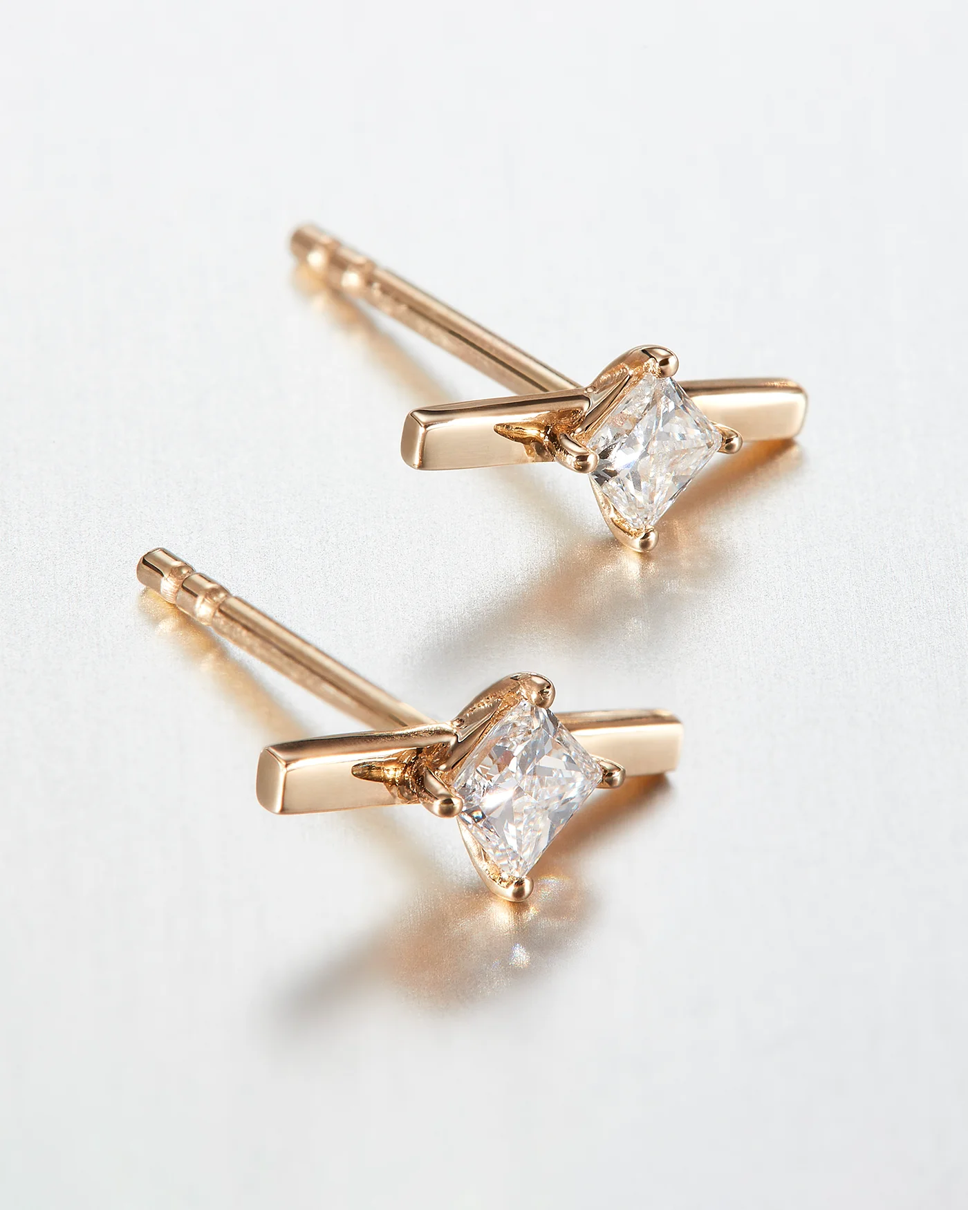 14K Princess Cut Diamond Bar Stud Earrings - 1