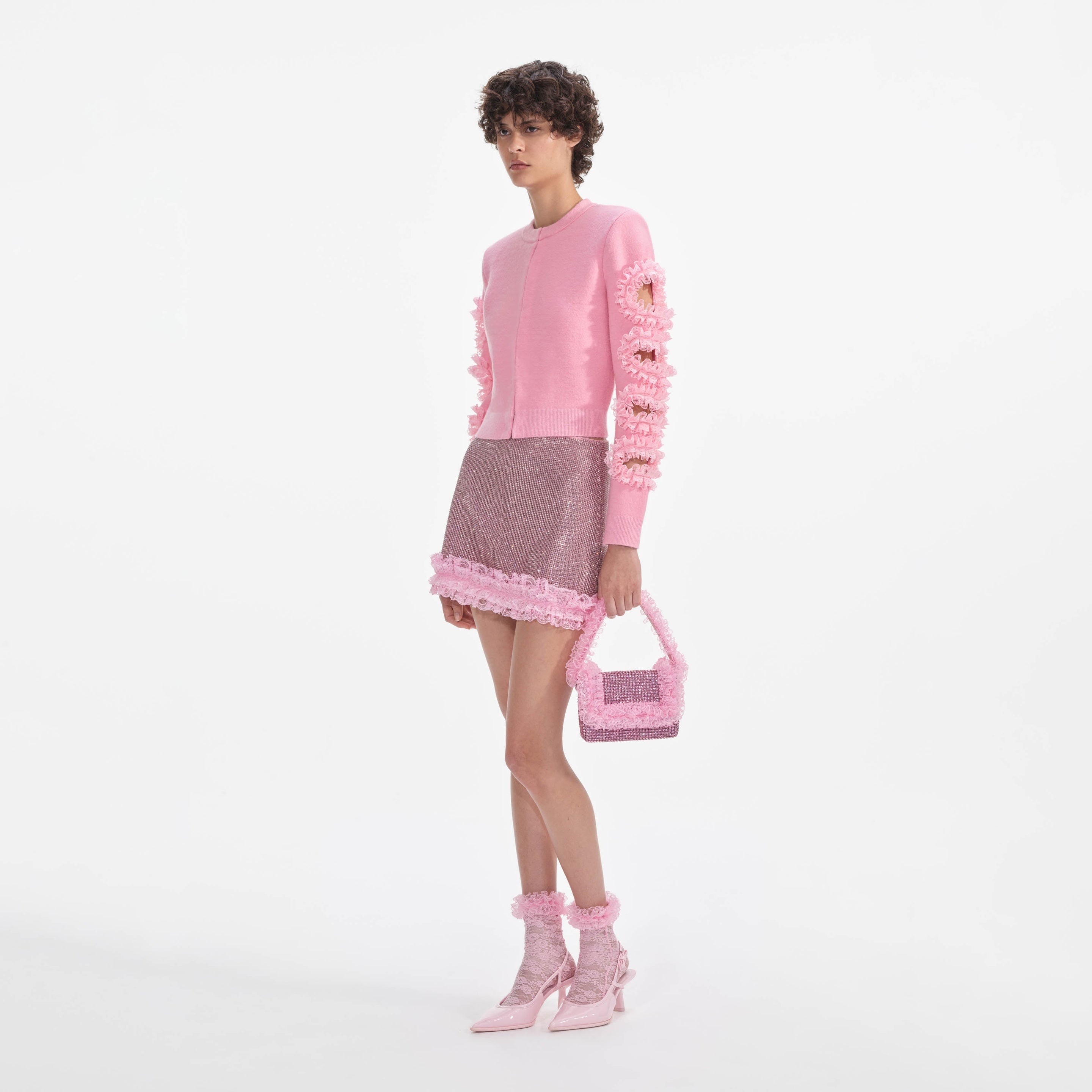 Pink Cut Out Lace Detail Cardigan - 2