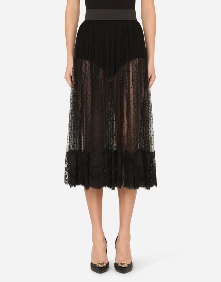 Pleated calf-length skirt in chantilly lace and plumetis - 1