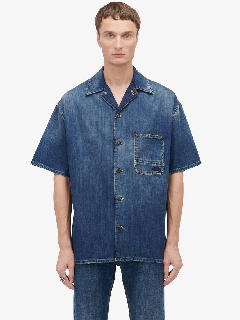 Men's Hawaiian Denim Shirt in Washed Blue - 4