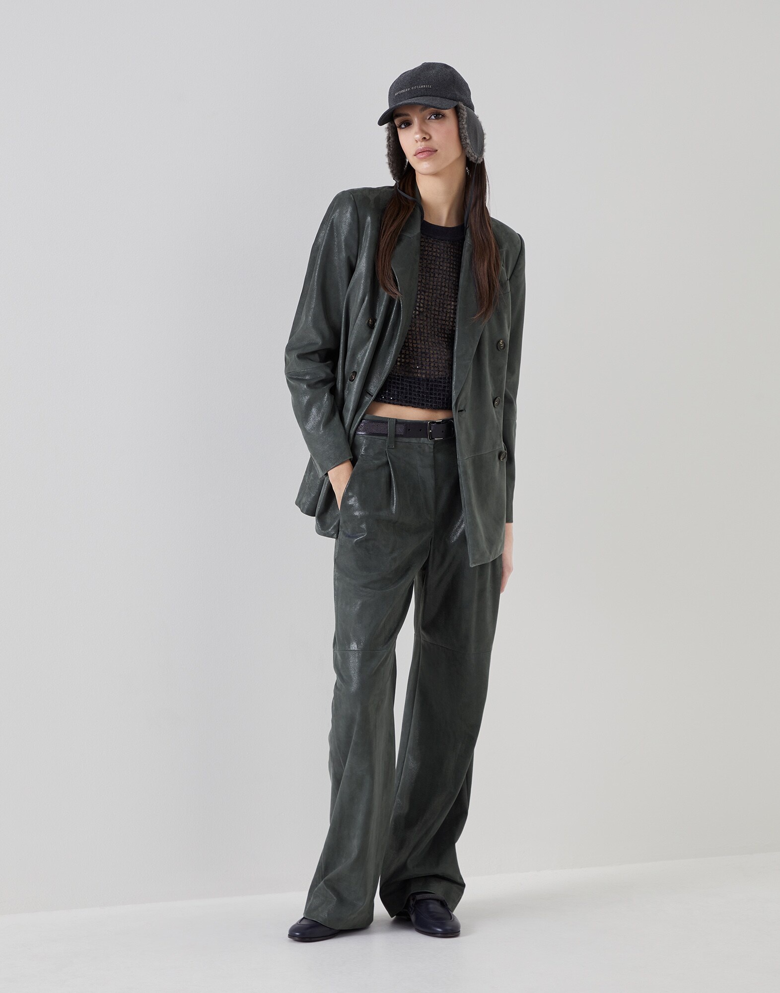 Wet-effect suede blazer with monili - 5