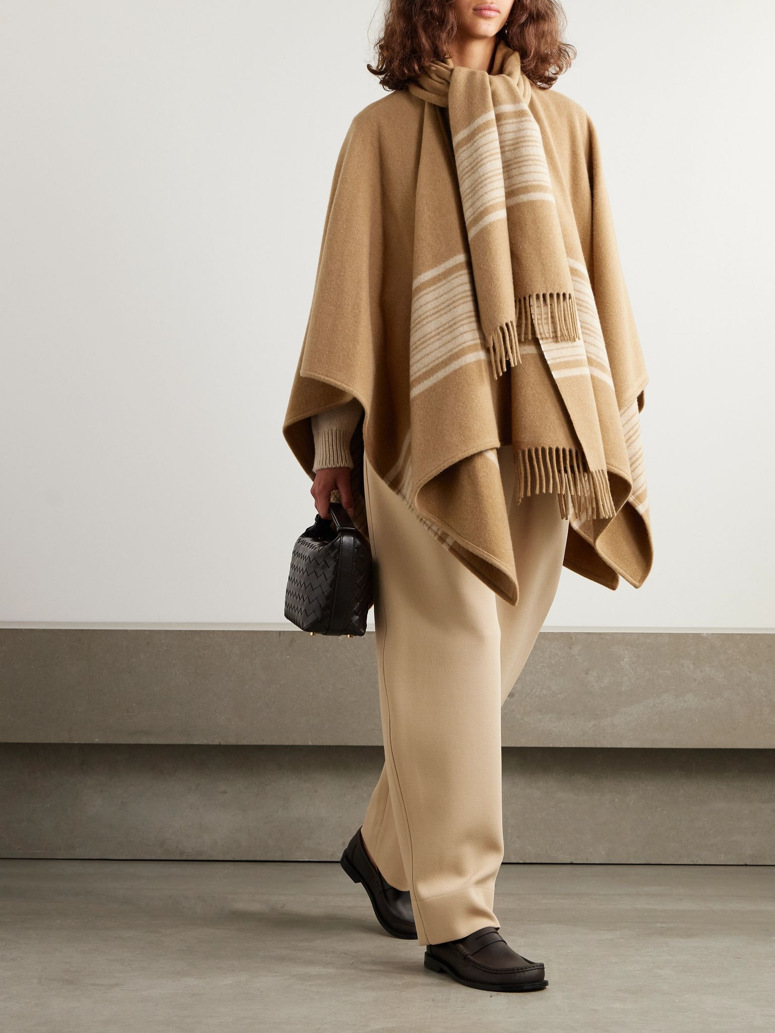 Daisy fringed scarf-detailed striped brushed cashmere cape Camel - 2