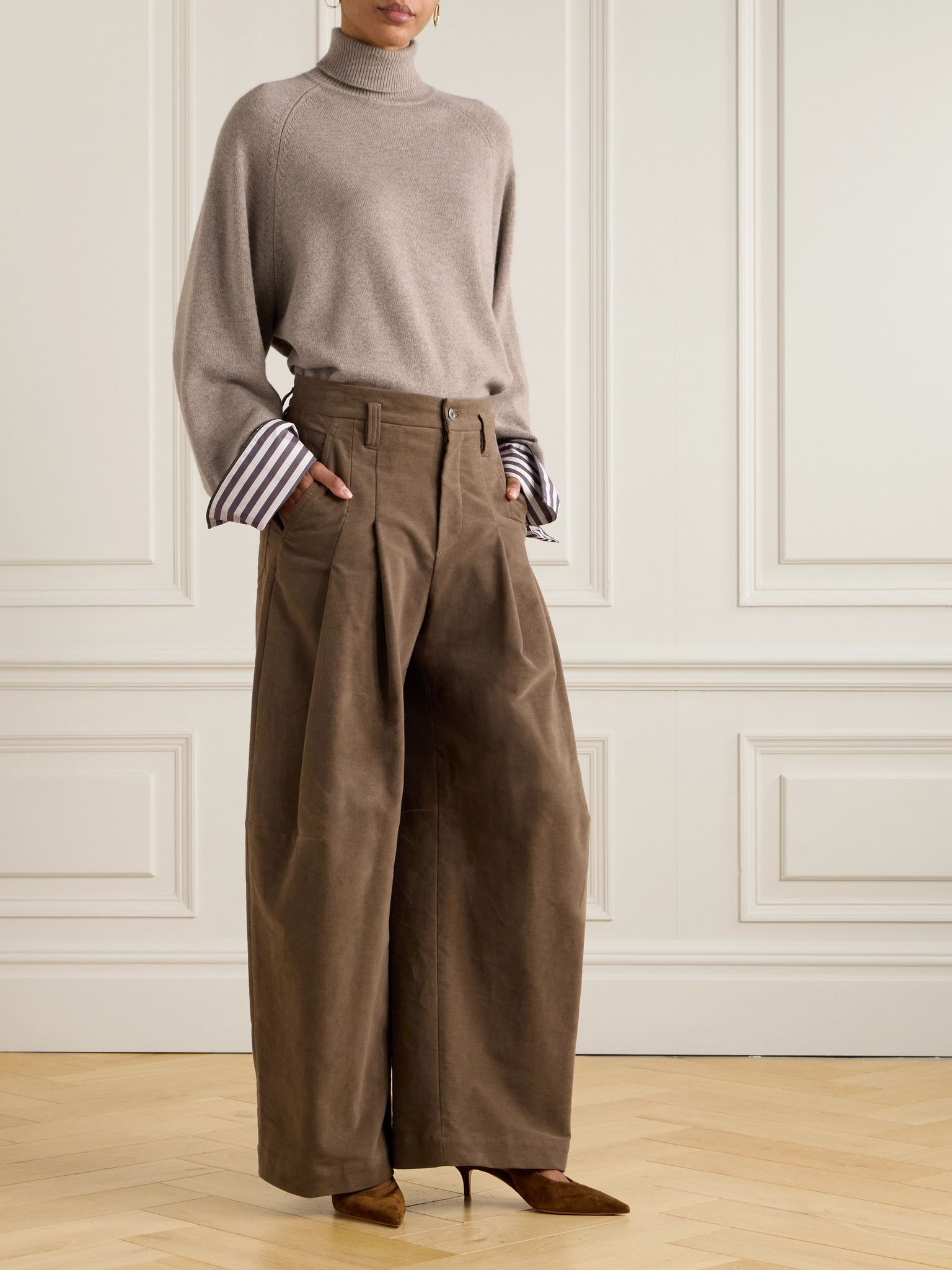 Striped poplin-trimmed cashmere turtleneck sweater Beige - 2