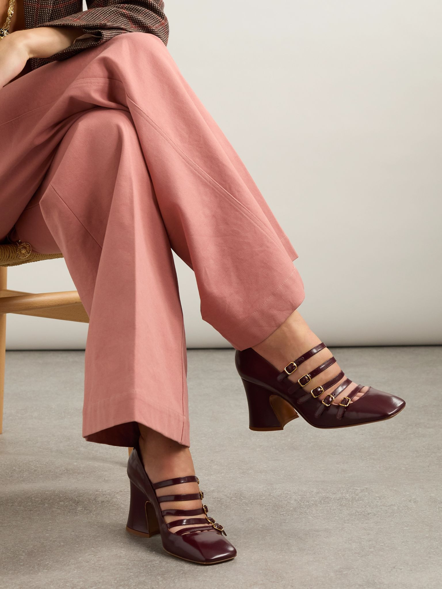 Janis buckled glossed-leather Mary Jane pumps Burgundy - 2