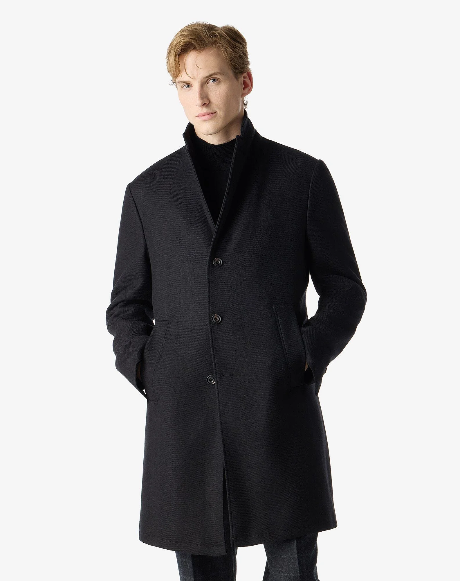 Black herringbone stretch wool coat - 1