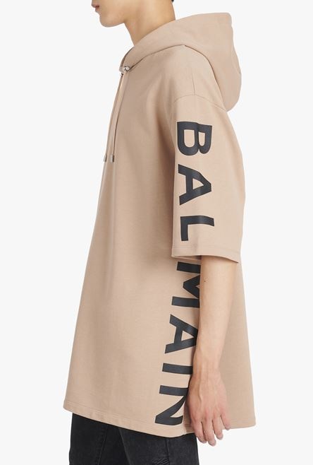 Oversized sand-colored eco-designed cotton hooded sweatshirt with black Balmain logo print - 9