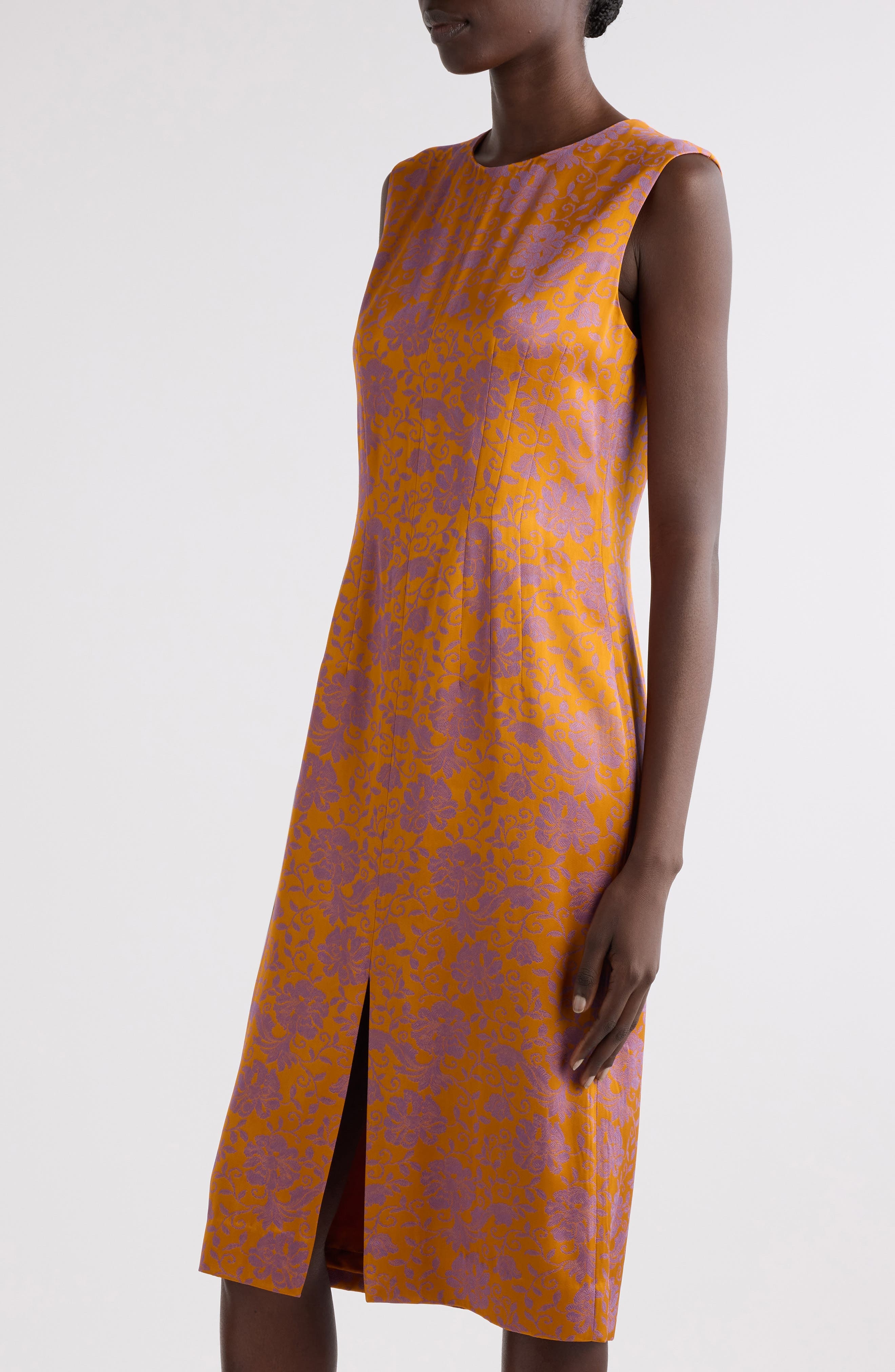 Dries Van Noten Delina Floral Sleeveless Satin Sheath Dress in Mandarin at Nordstrom - 4