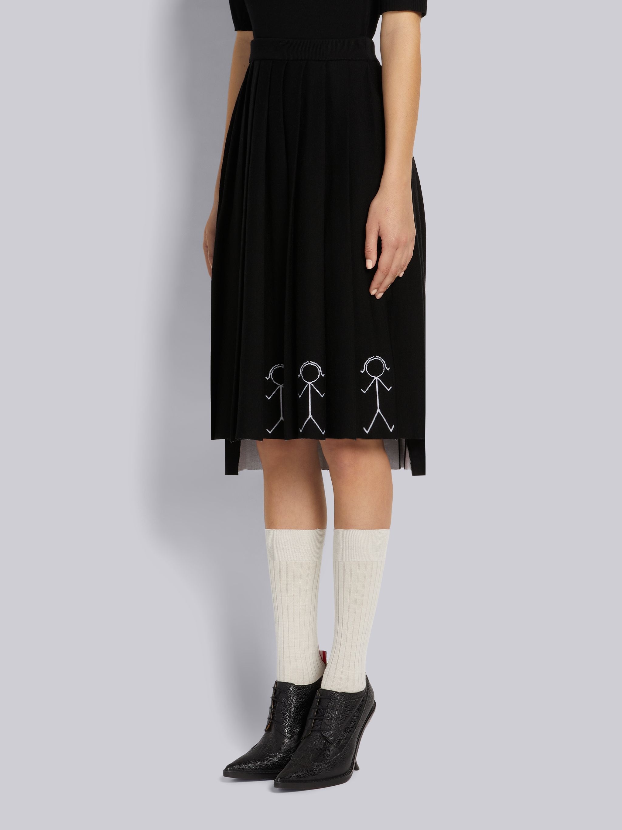 Black Fine Merino Wool Mrs. Thom Intarsia Below-the-Knee Pleated Skirt - 2