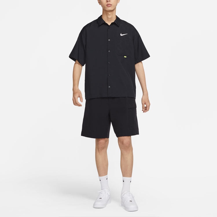 Men's Nike SWOOSH Chest Brand Logo Limited Lapel Solid Color Short Sleeve Black Shirt DX6308-010 - 4
