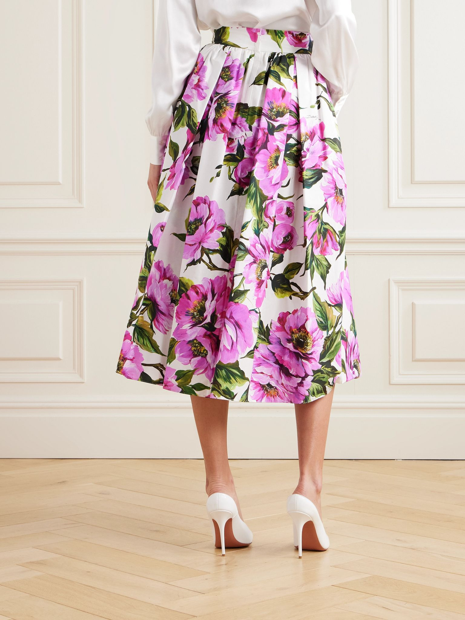 Pleated floral-print cotton-poplin midi skirt Pink - 3