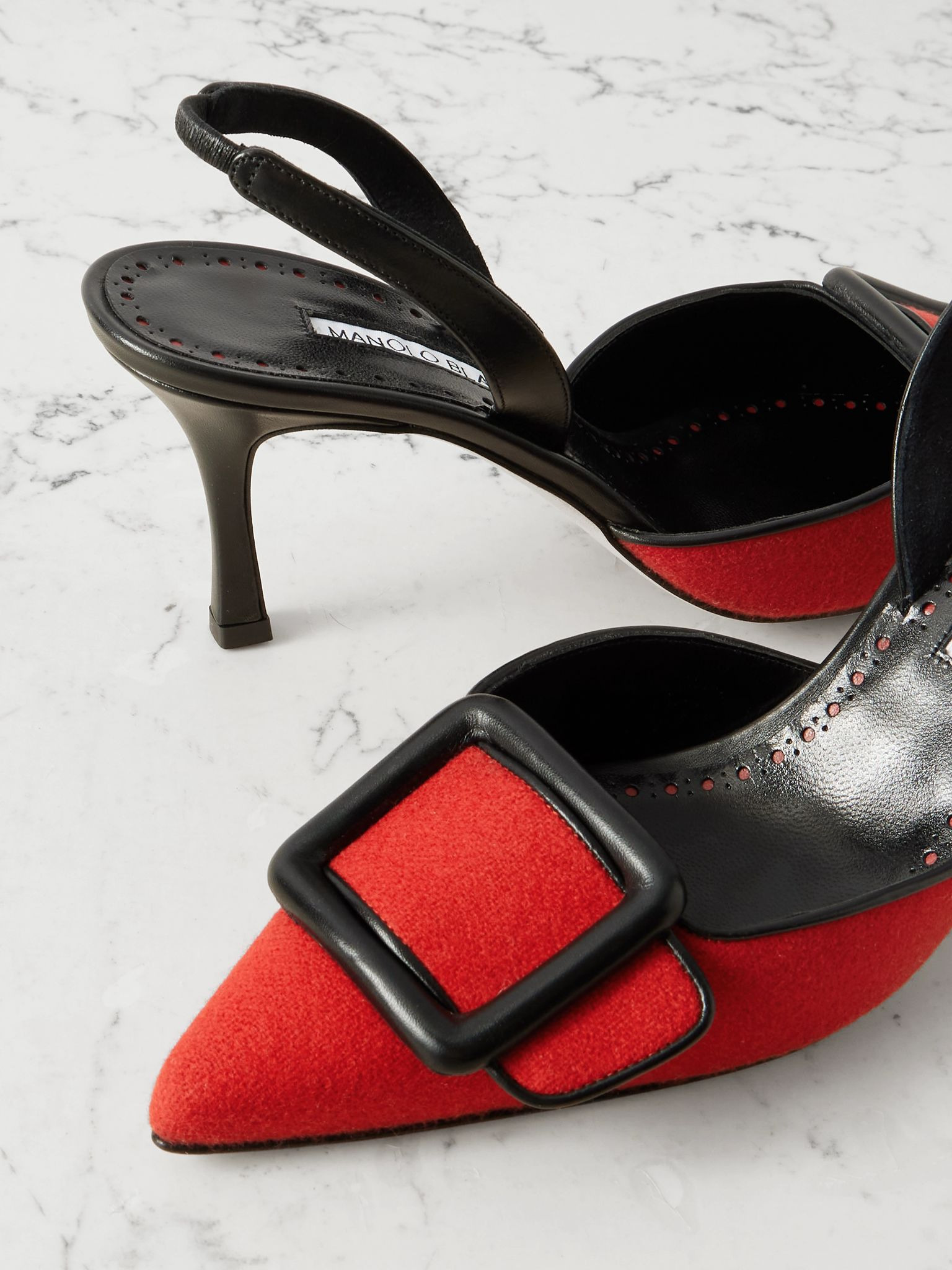 Mayslibi 70 buckled leather-trimmed velvet slingback pumps Red - 4