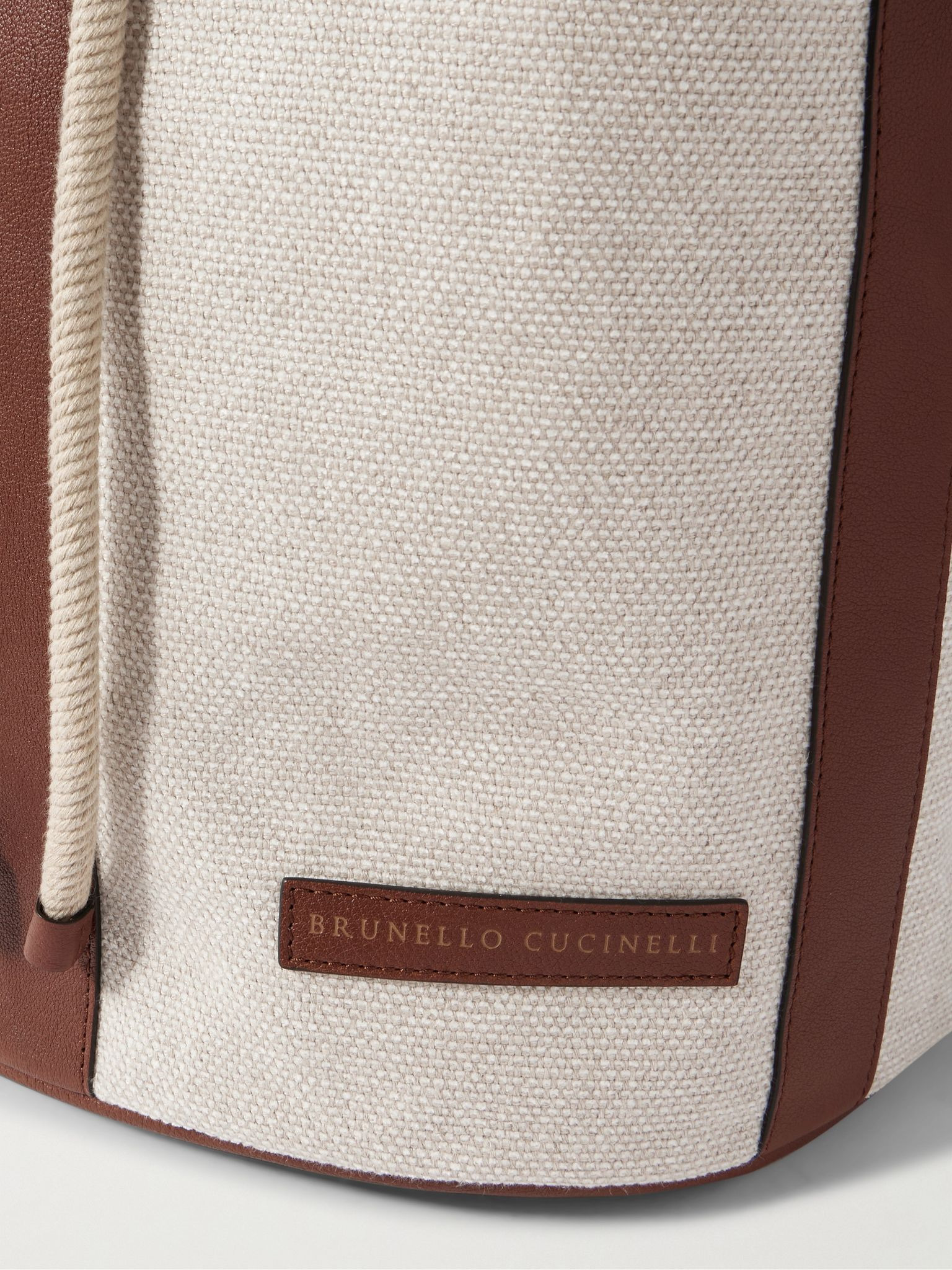 Leather-Trimmed Cotton and Linen-Blend Canvas Backpack Beige - 4