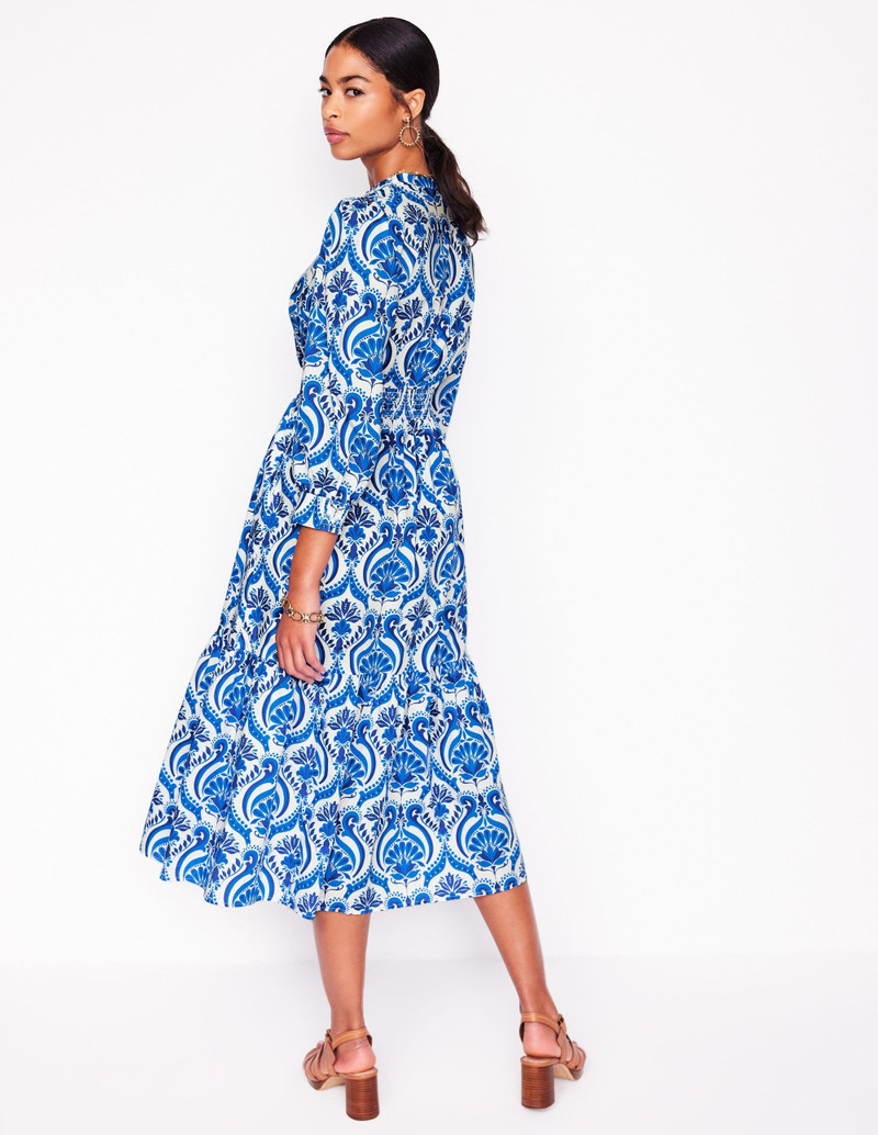 Elena Tiered Cotton Midi Dress-Blue, Ornamental Floral 4
