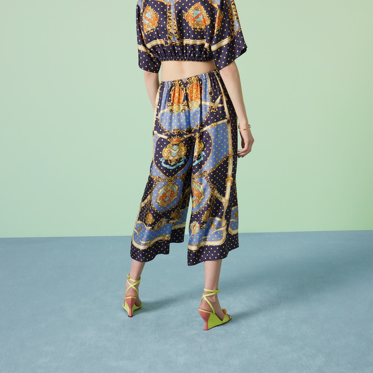 Polka-dot chain and crest print silk pant - 6