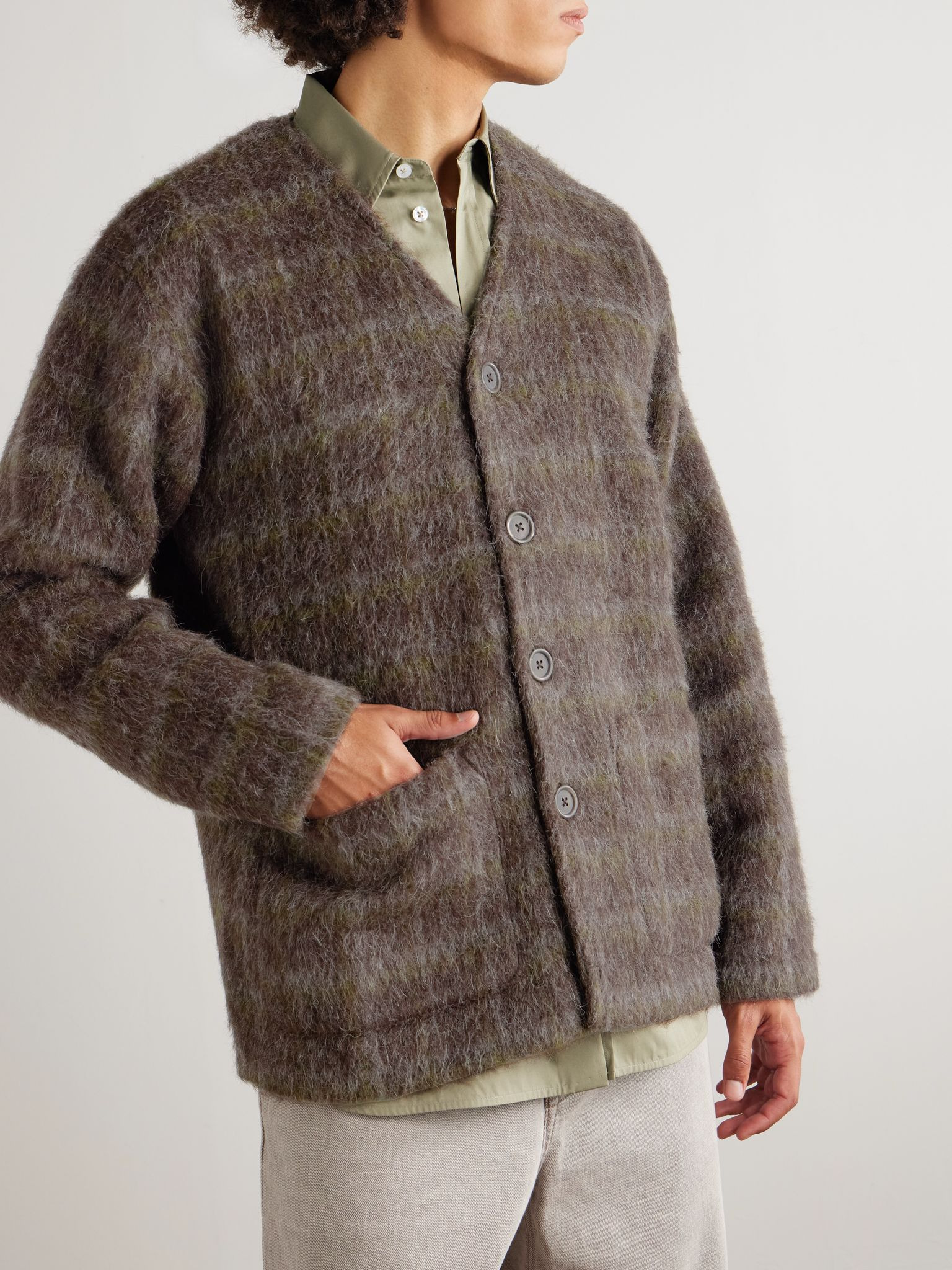 Checked Brushed-Knit Cardigan Brown - 3