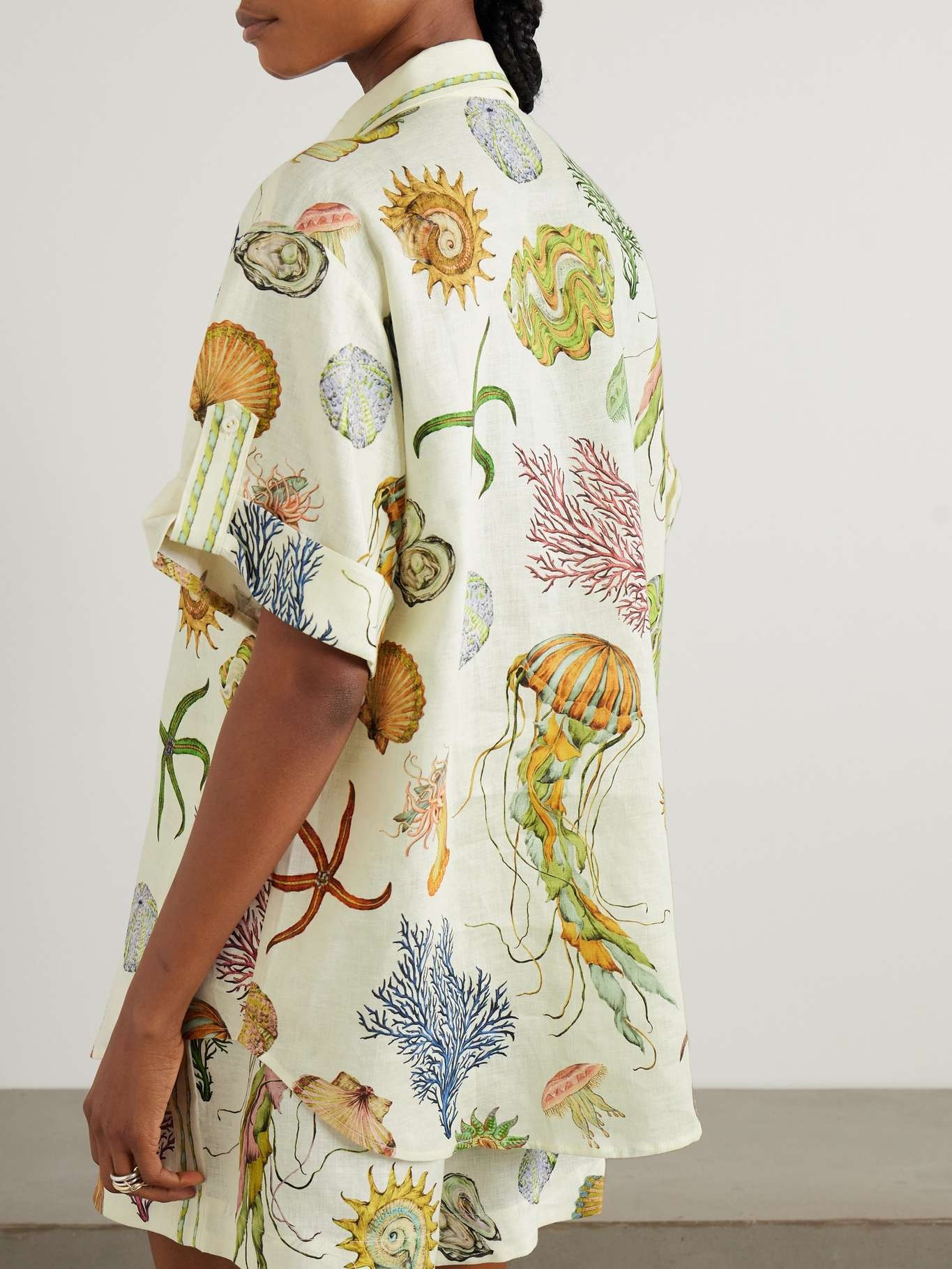 Sea printed linen shirt Cream - 3