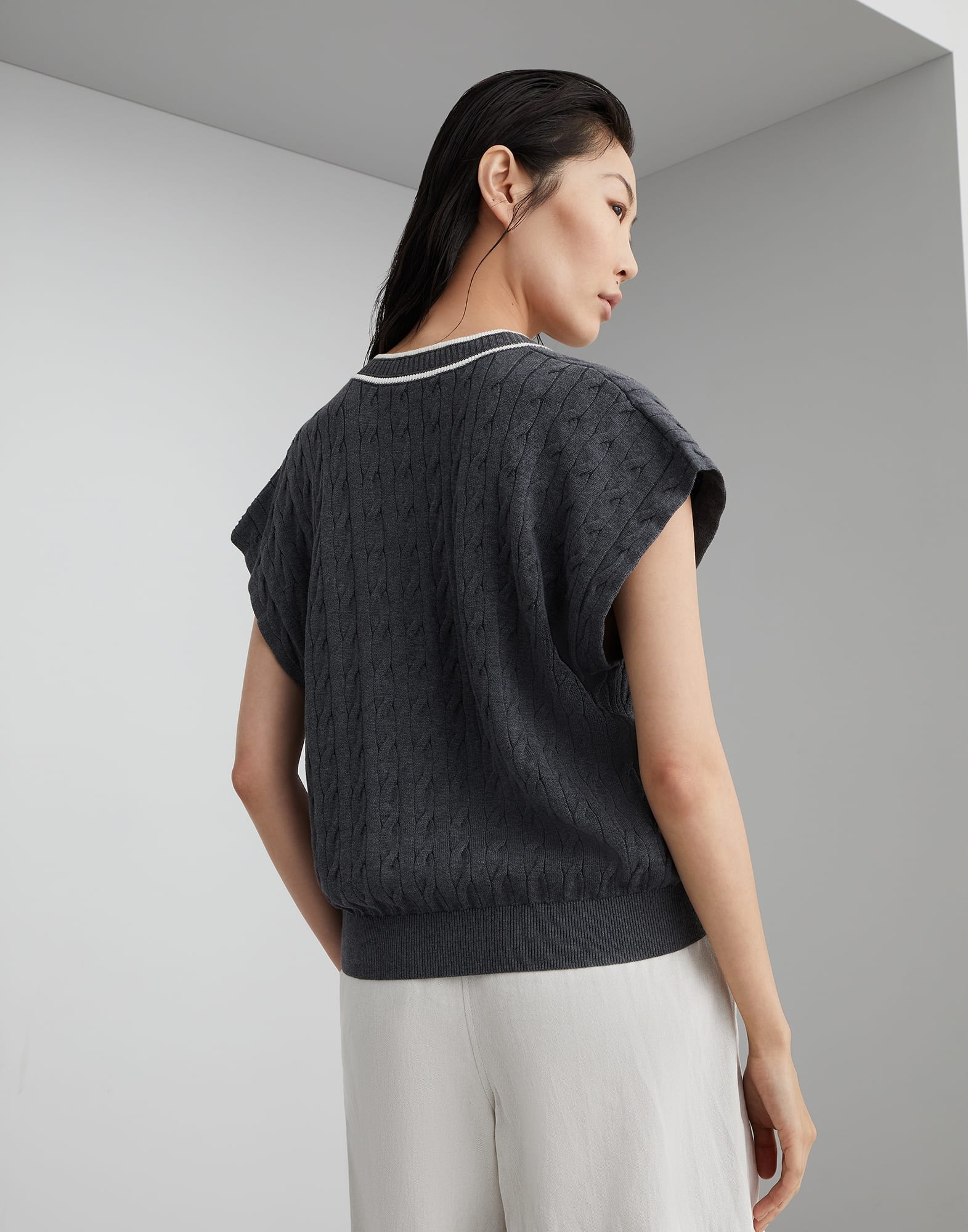 Cotton cable knit sweater with shiny contrast trims - 2