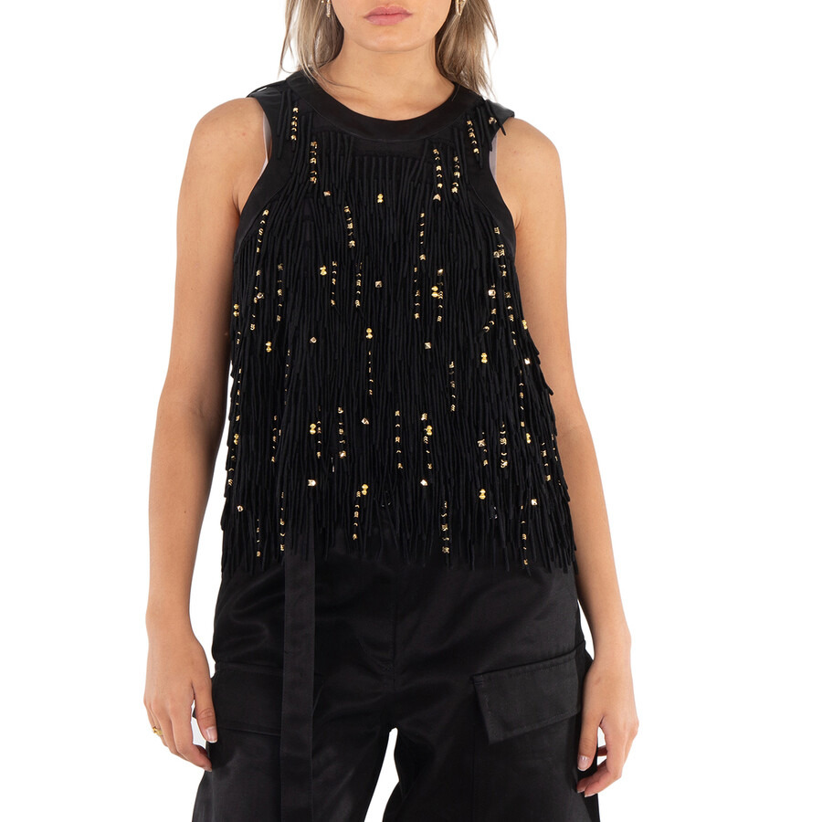 Sacai Ladies Black Beaded Fringe Lace Tank Top, Brand Size 1 - 3