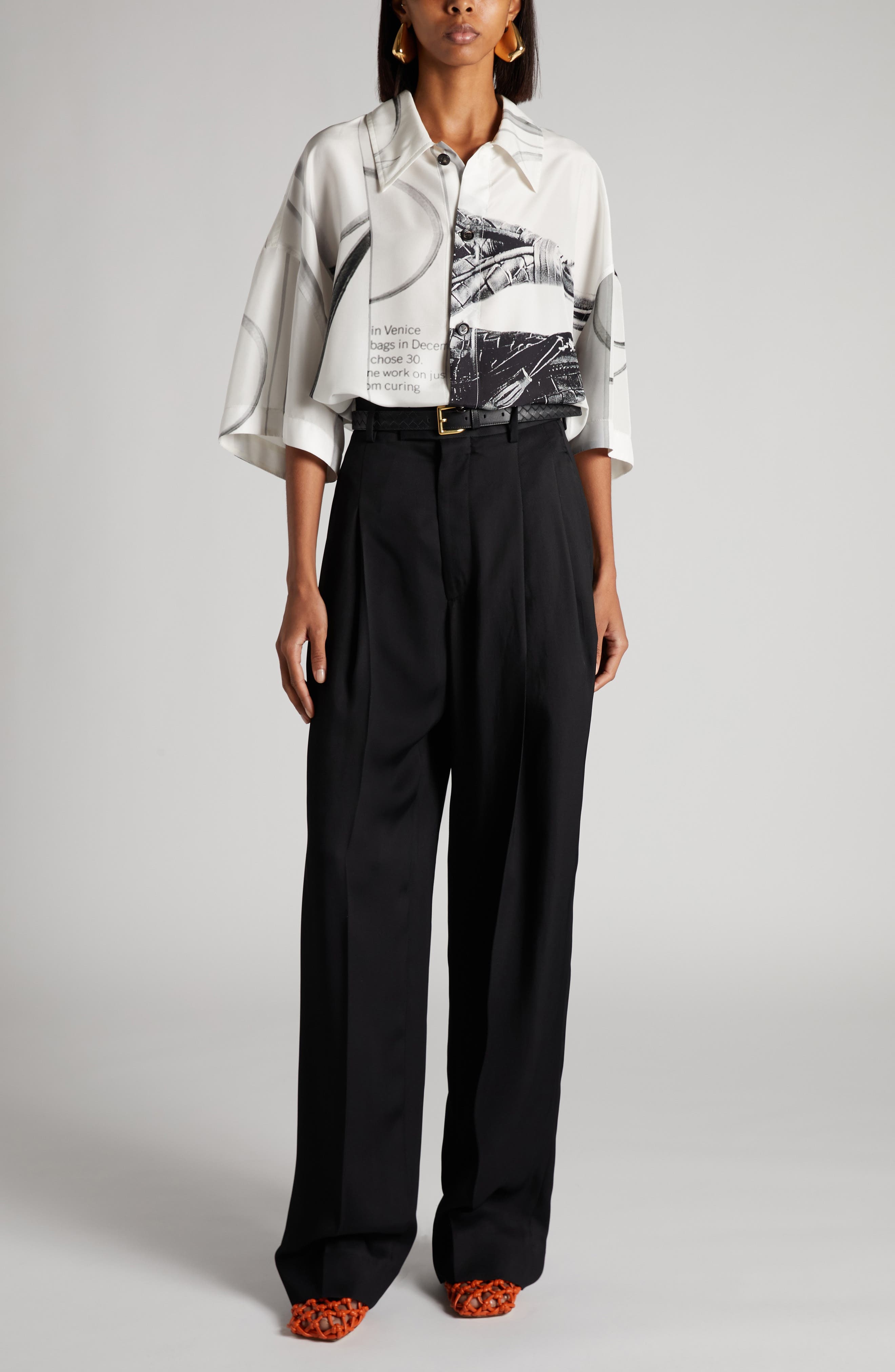 Bottega Veneta Campaign Print Oversize Silk Button-Up Shirt in 9060 Chalk/Black at Nordstrom - 2