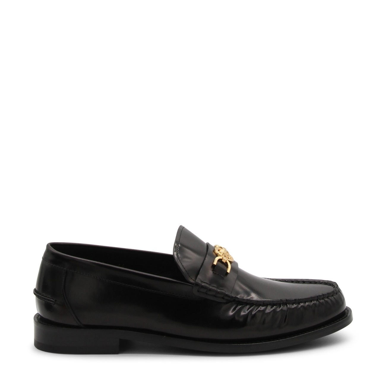 black and gold leather medusa loafers - 1