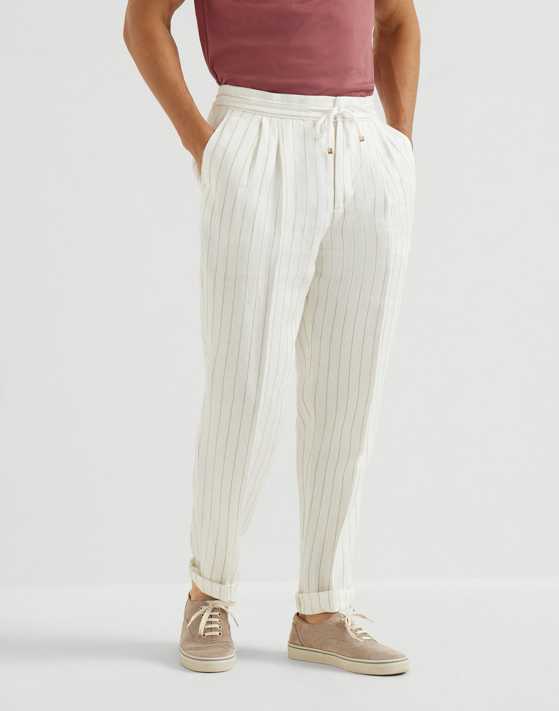 Chalk stripe linen twill trousers with drawstring and double pleats 2