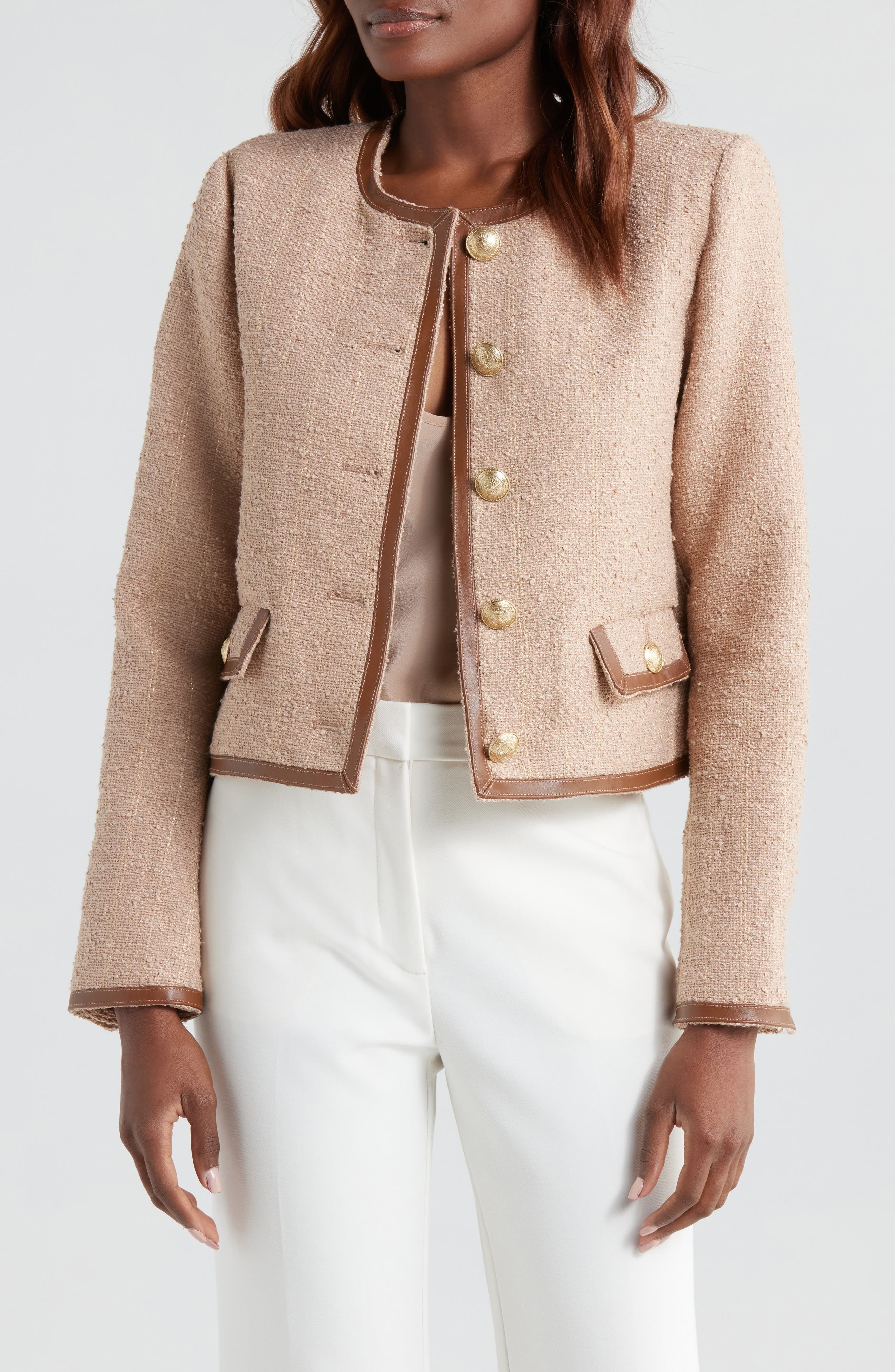 L'AGENCE Zaya Faux Leather Trim Jacket in Cappuccino/Gold Stripe at Nordstrom - 1