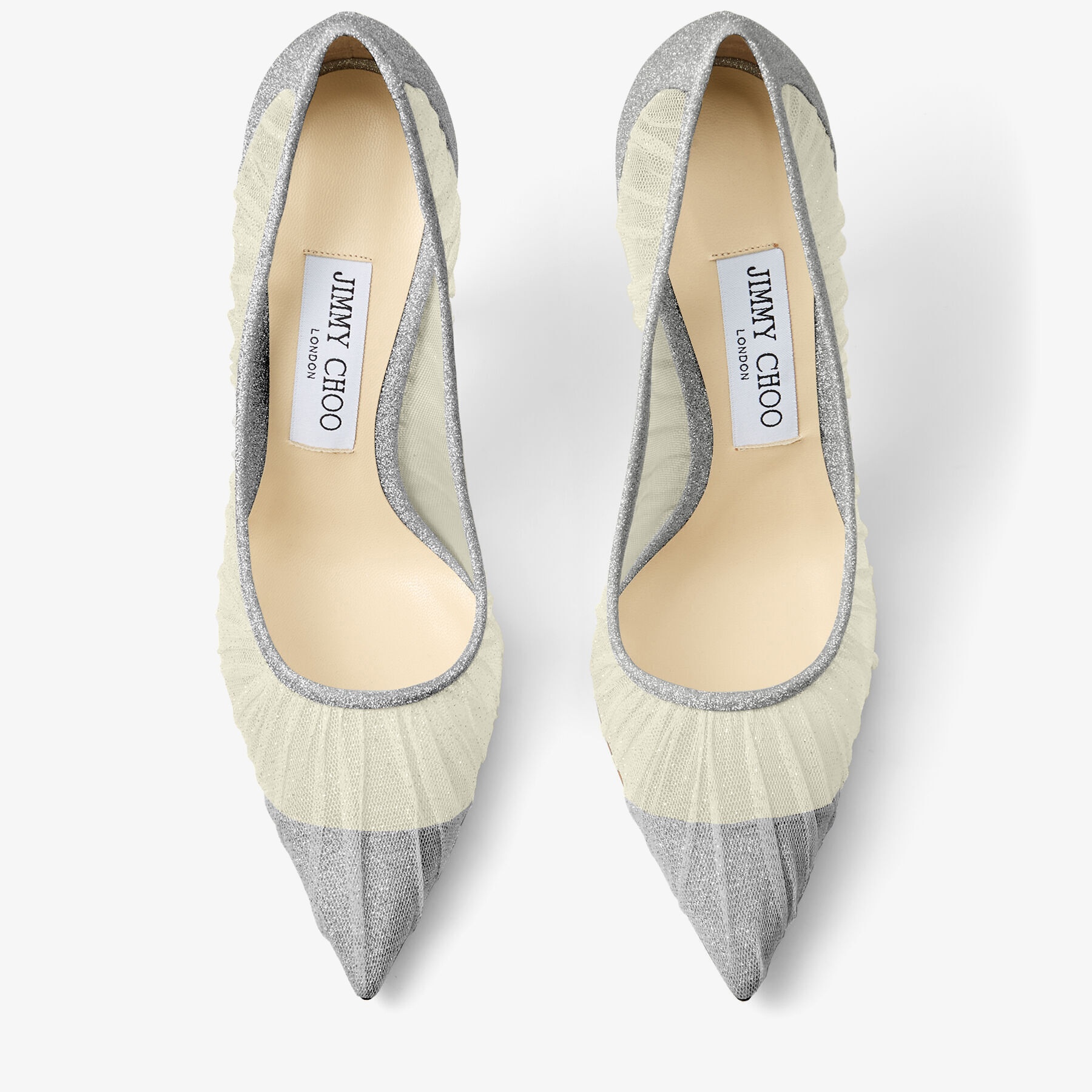 Love 100
Metallic Silver Glitter Fabric Pumps with Ivory Tulle Overlay - 4