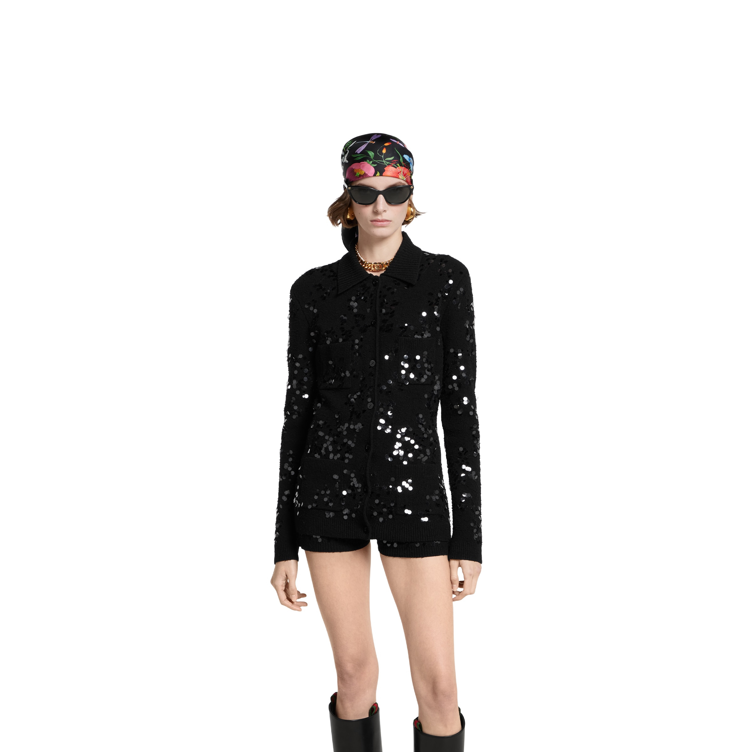 Tweed blend polo cardigan with embroidery - 3