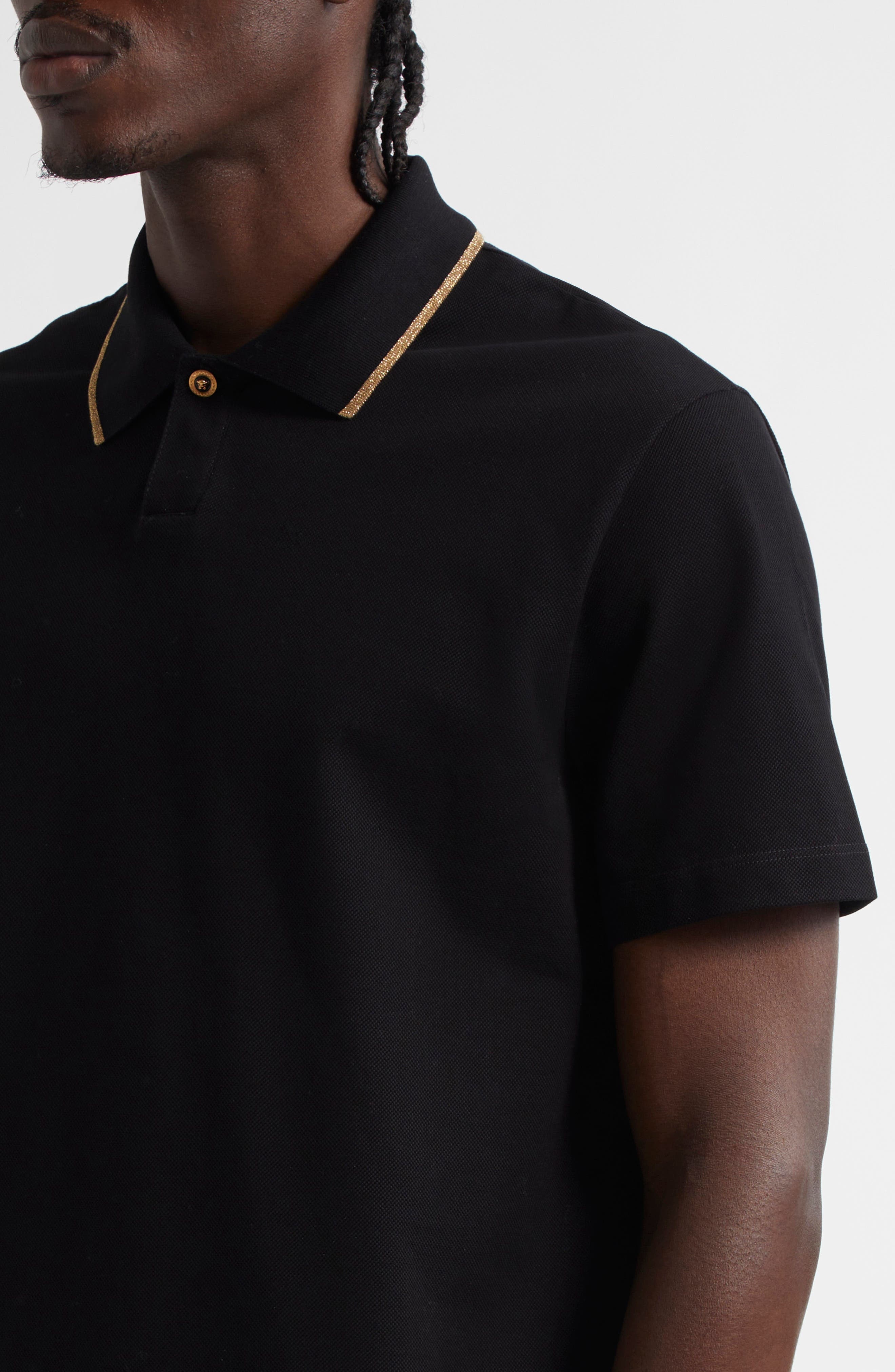 Versace Contrast Trim Cotton Piqué Polo in Black at Nordstrom - 4